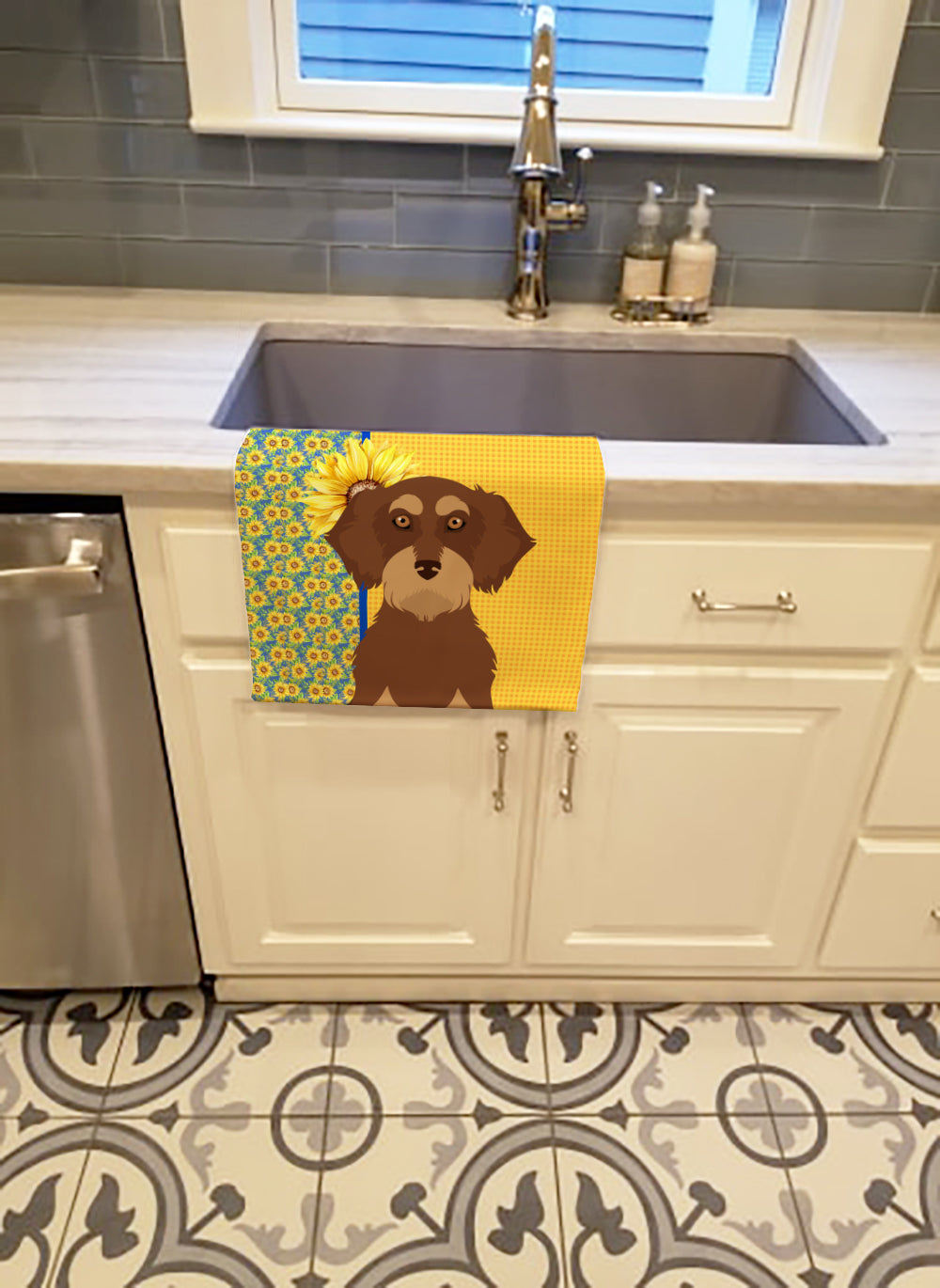 Buy this Summer Sunflowers Wirehair Red and Tan Dachshund Kitchen Towel