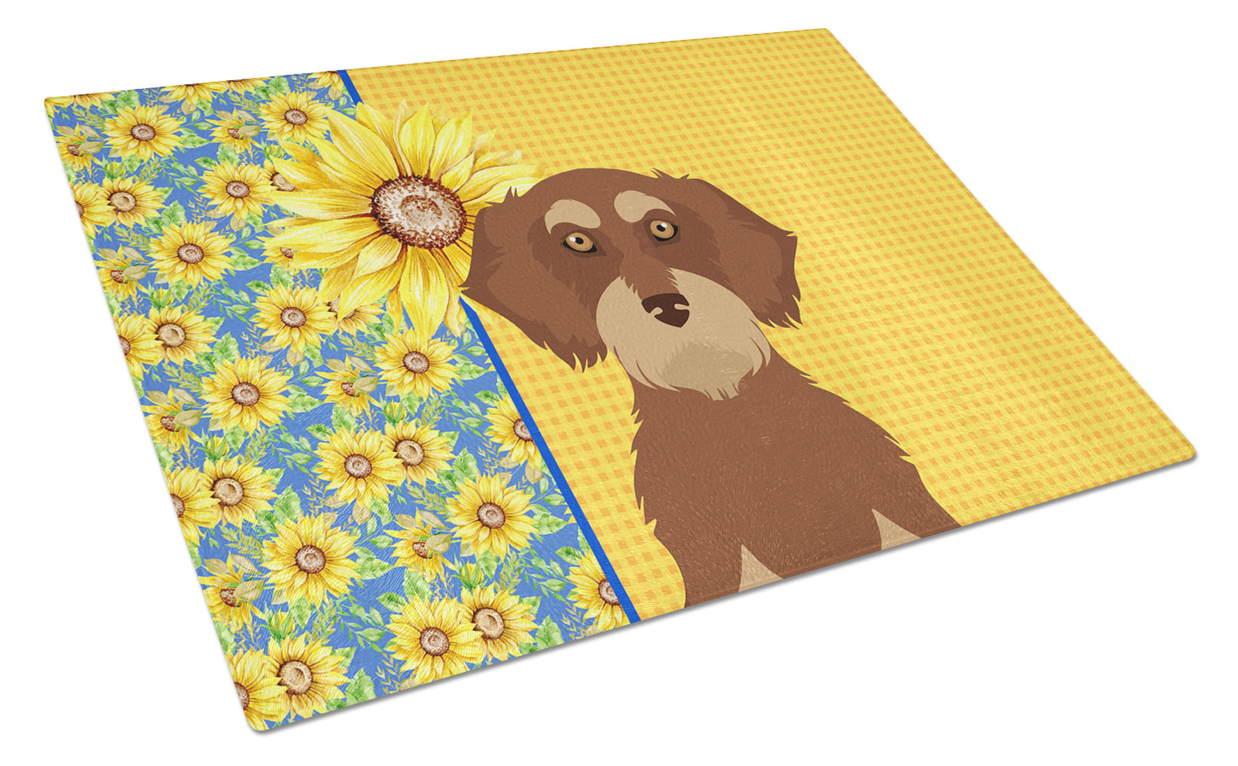 Buy this Summer Sunflowers Wirehair Red and Tan Dachshund Glass Cutting Board Large