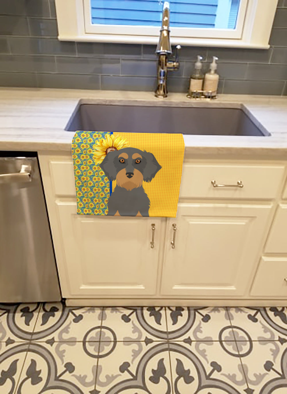 Buy this Summer Sunflowers Wirehair Blue and Tan Dachshund Kitchen Towel