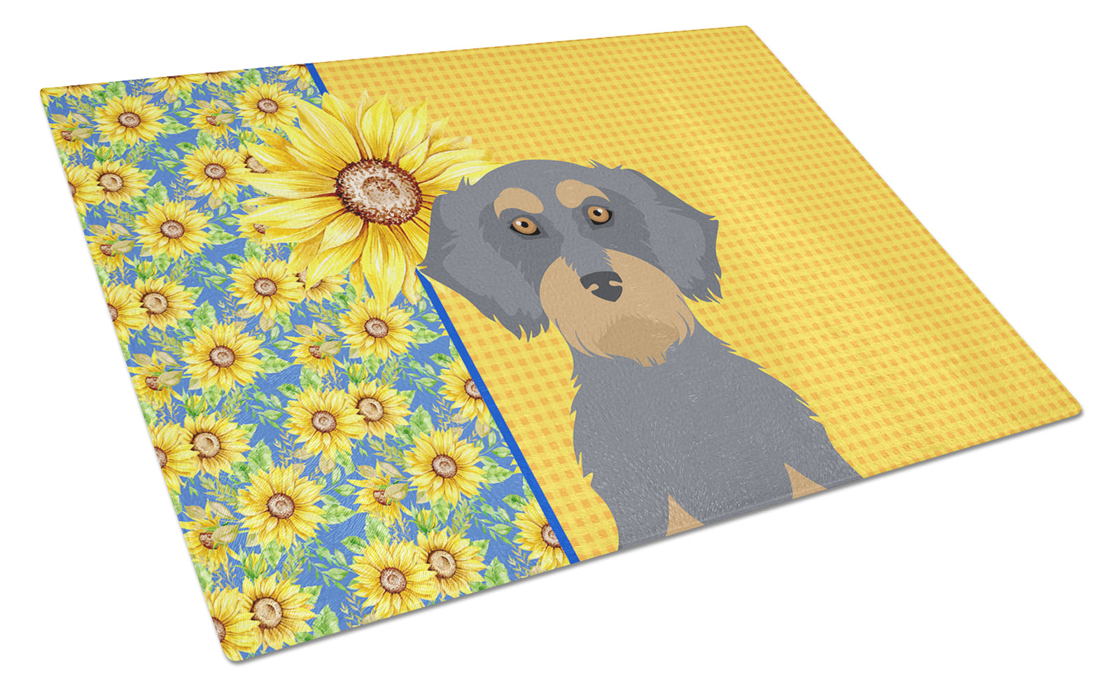 Buy this Summer Sunflowers Wirehair Blue and Tan Dachshund Glass Cutting Board Large