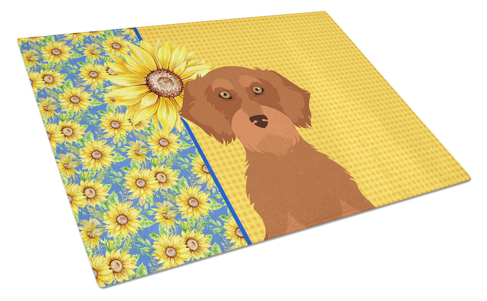 Buy this Summer Sunflowers Wirehair Red Dachshund Glass Cutting Board Large