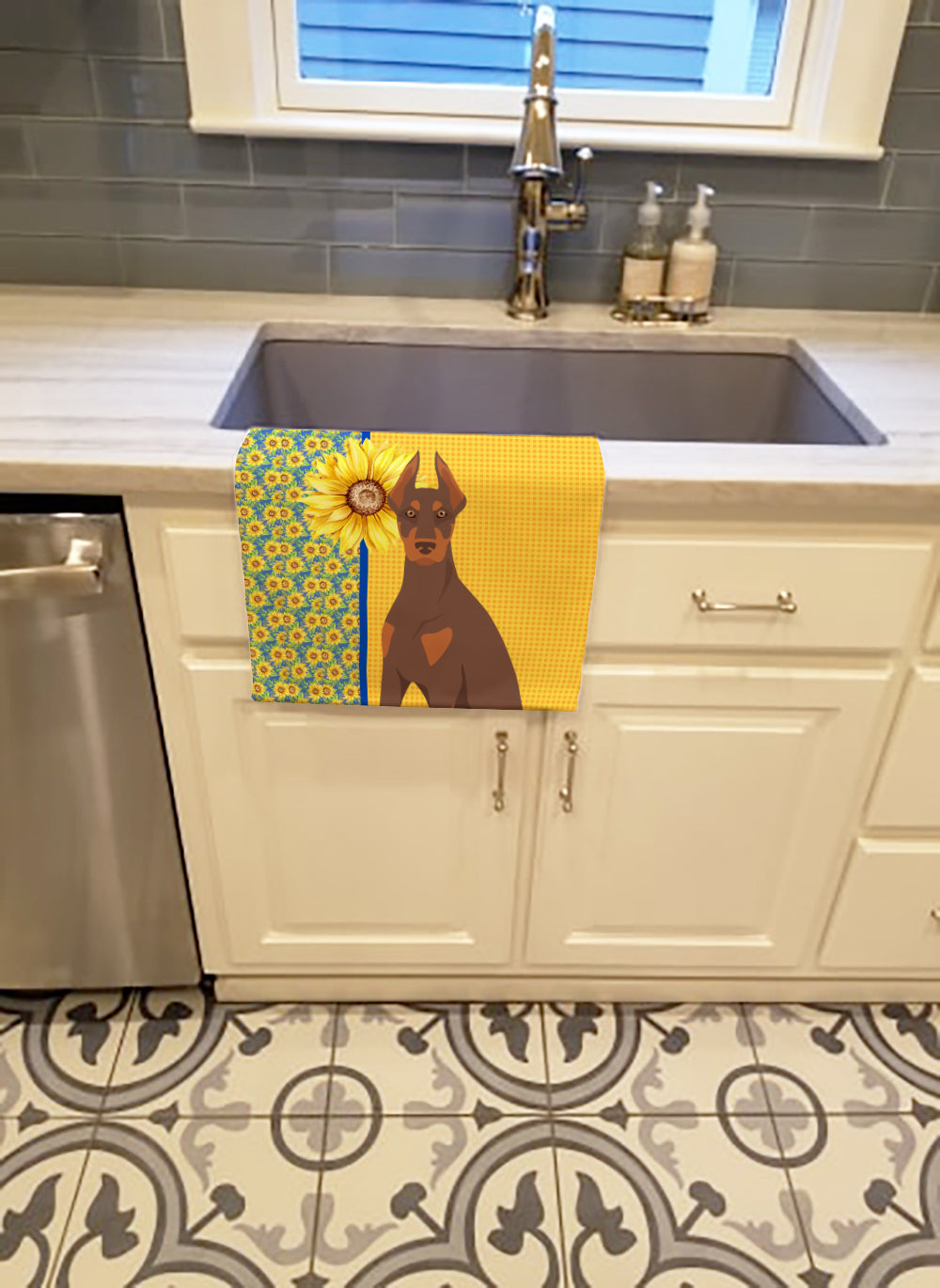 Buy this Summer Sunflowers Red and Tan Doberman Pinscher Kitchen Towel