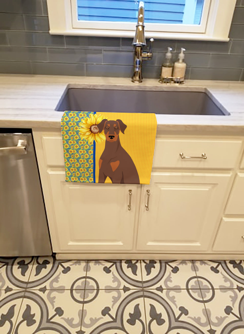 Buy this Summer Sunflowers Natural Ear Red and Tan Doberman Pinscher Kitchen Towel