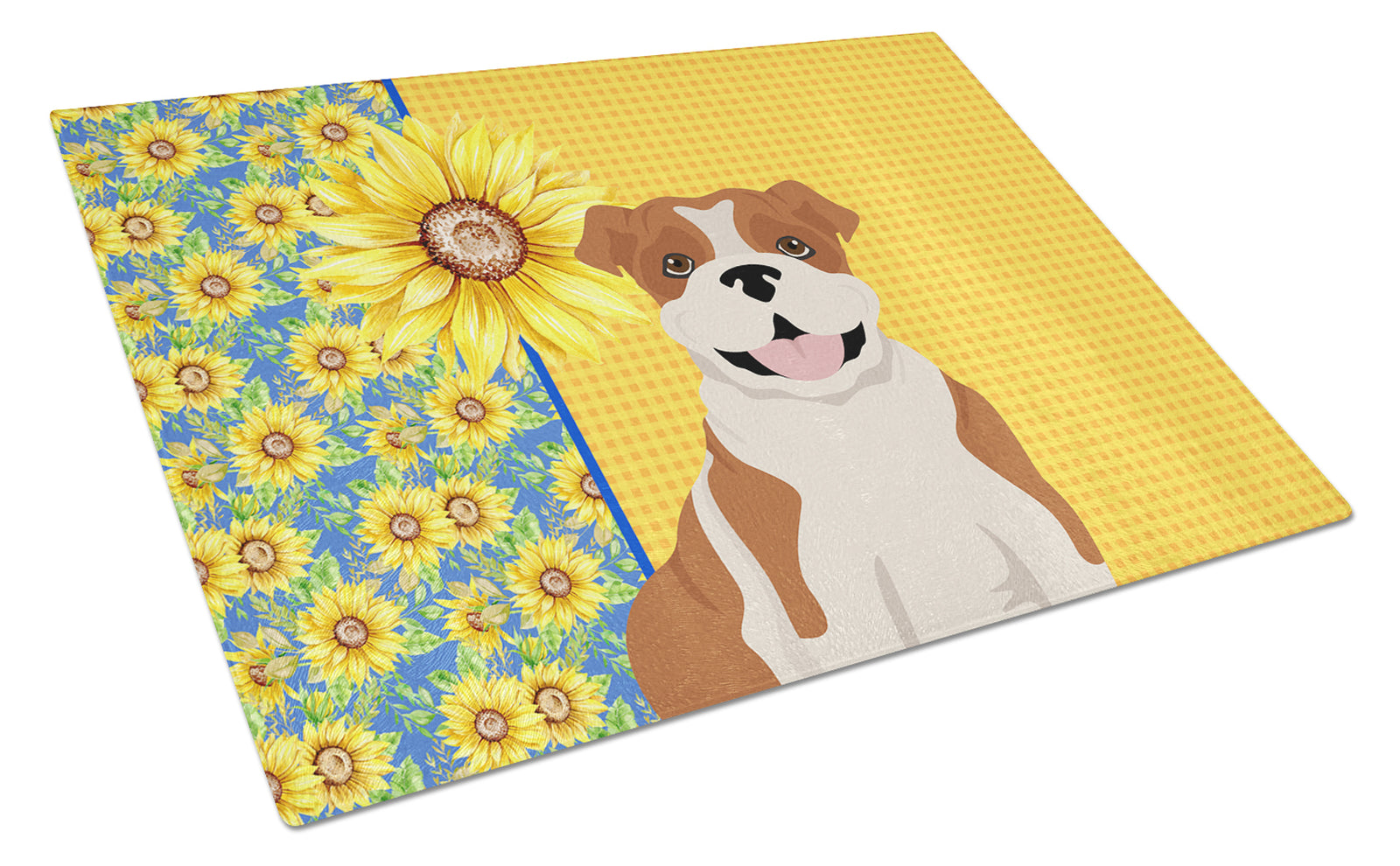 Buy this Summer Sunflowers Red English Bulldog Glass Cutting Board Large