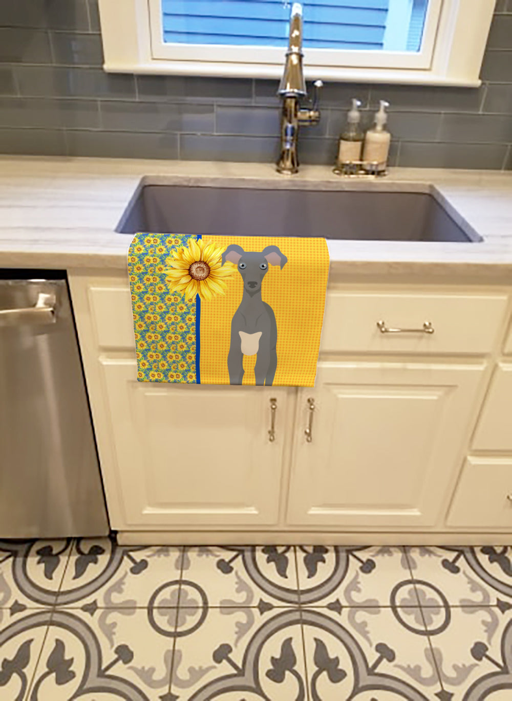 Buy this Summer Sunflowers Gray Italian Greyhound Kitchen Towel