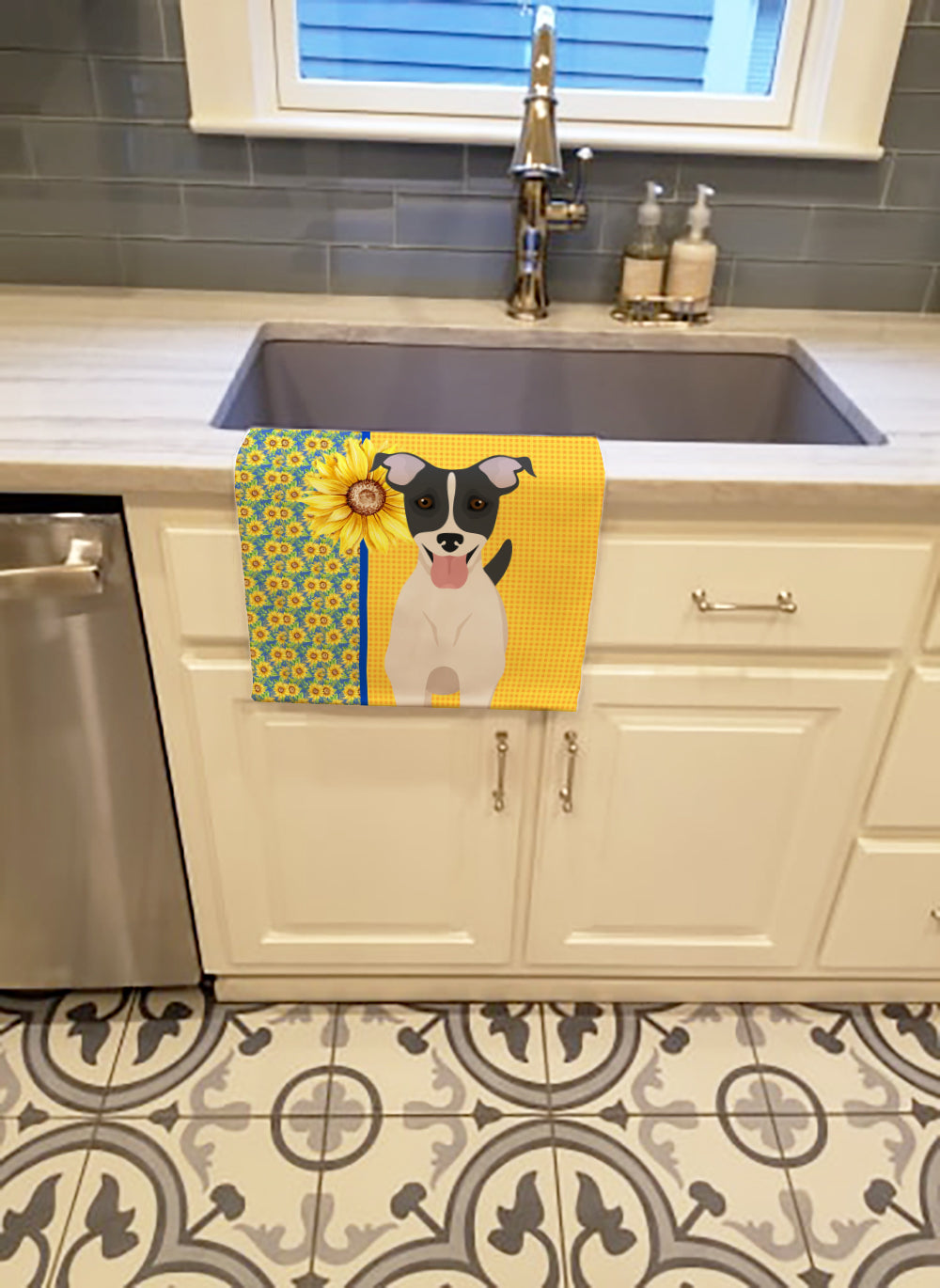 Buy this Summer Sunflowers Black White Smooth Jack Russell Terrier Kitchen Towel