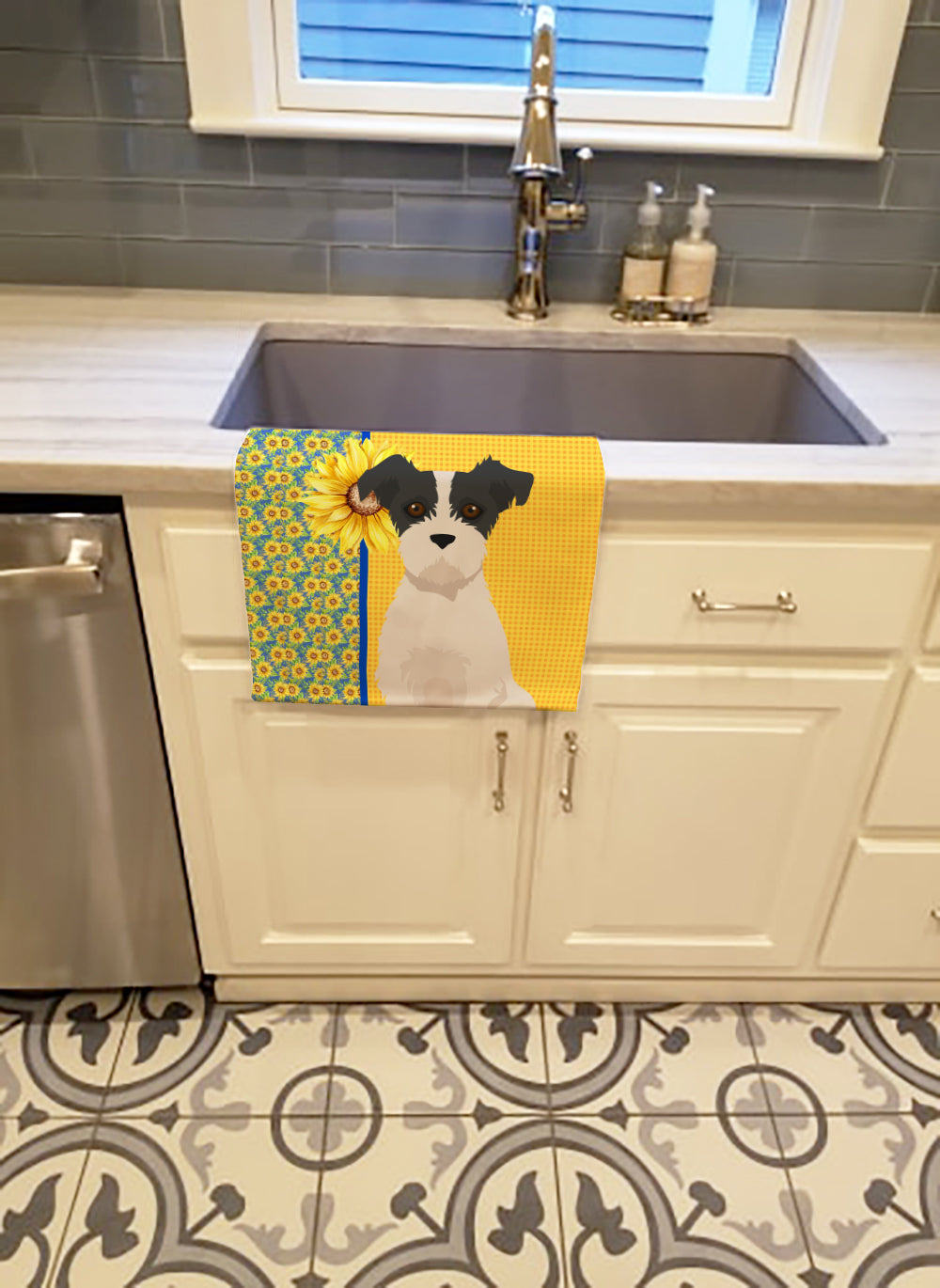 Buy this Summer Sunflowers Black White Wirehair Jack Russell Terrier Kitchen Towel