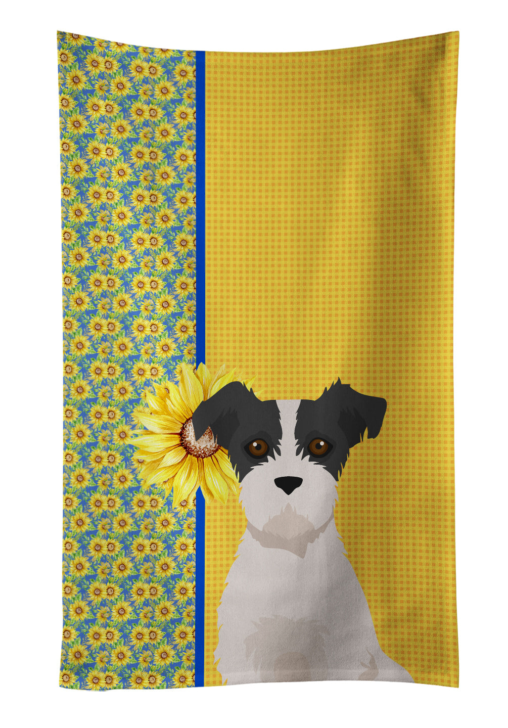 Buy this Summer Sunflowers Black White Wirehair Jack Russell Terrier Kitchen Towel