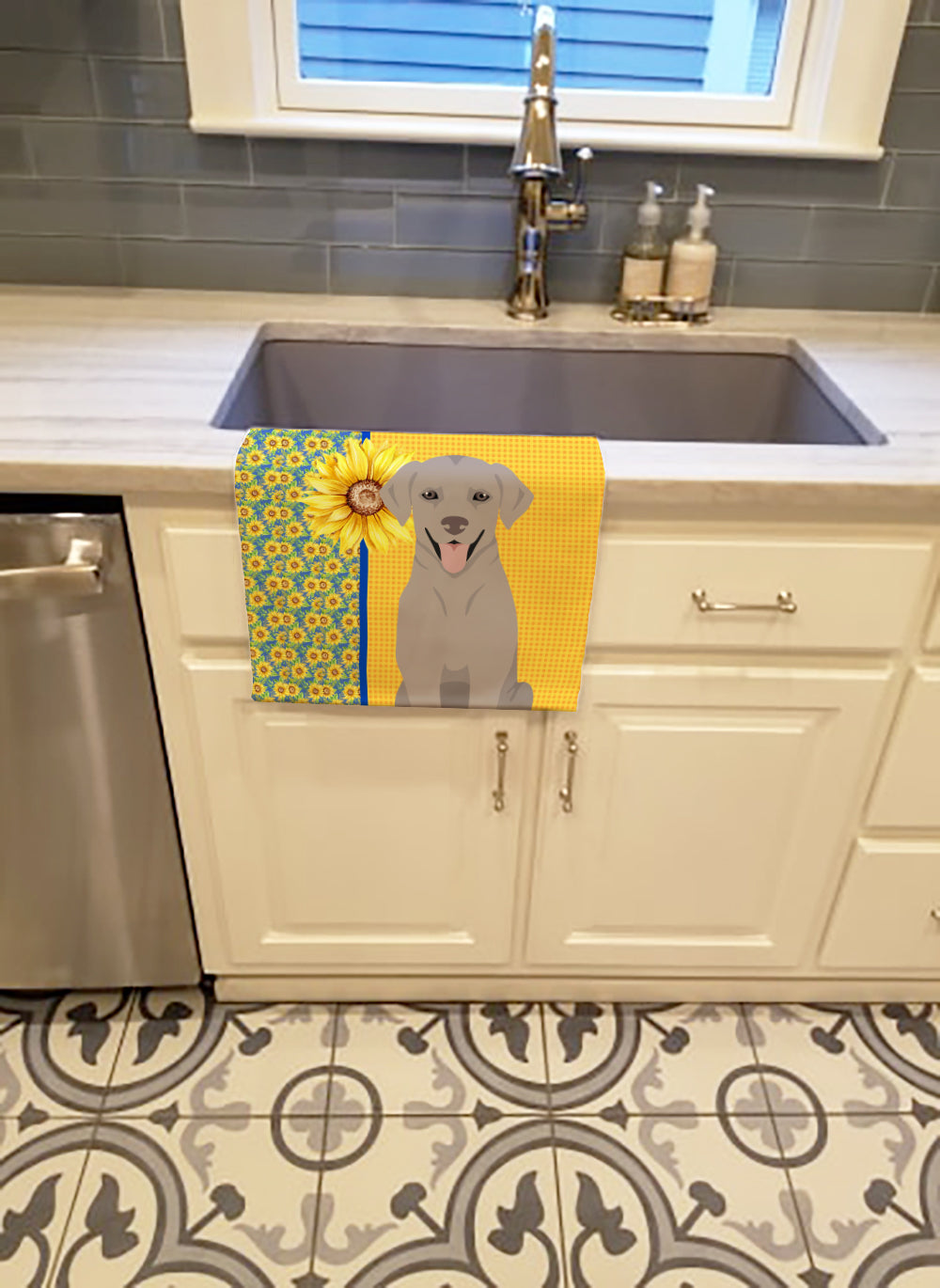 Buy this Summer Sunflowers Gray Labrador Retriever Kitchen Towel