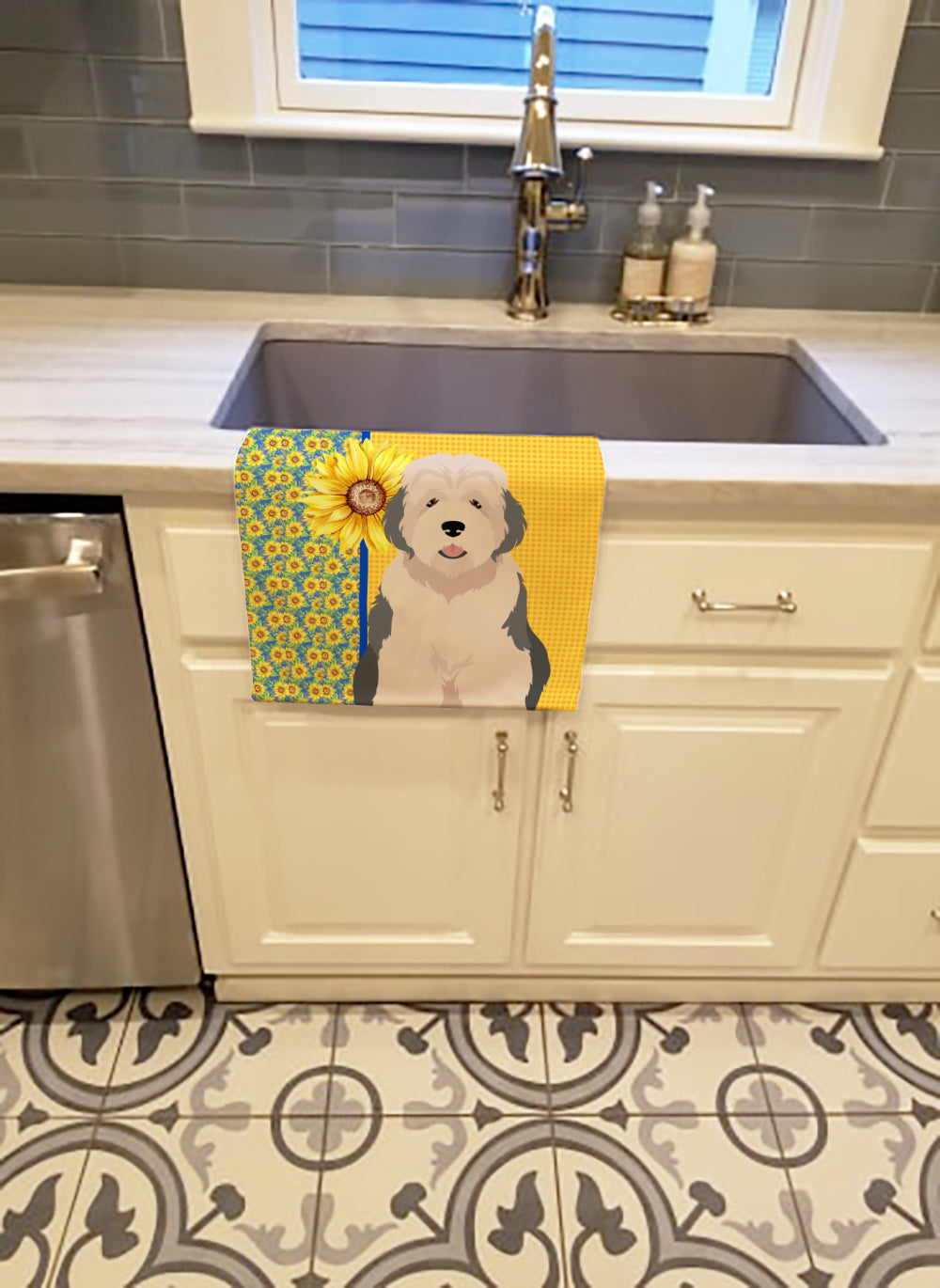 Buy this Summer Sunflowers Old English Sheepdog Kitchen Towel