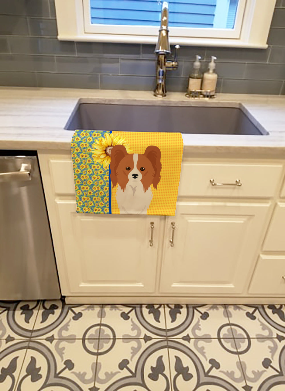 Buy this Summer Sunflowers Red and White Papillon Kitchen Towel
