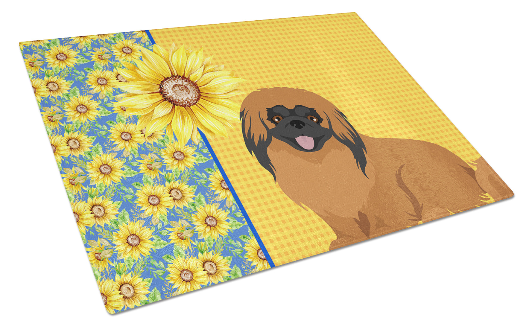 Buy this Summer Sunflowers Red Pekingese Glass Cutting Board Large