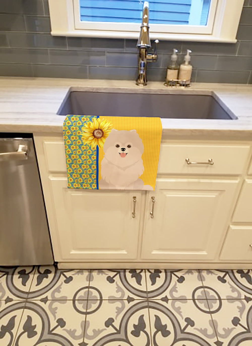Buy this Summer Sunflowers White Pomeranian Kitchen Towel