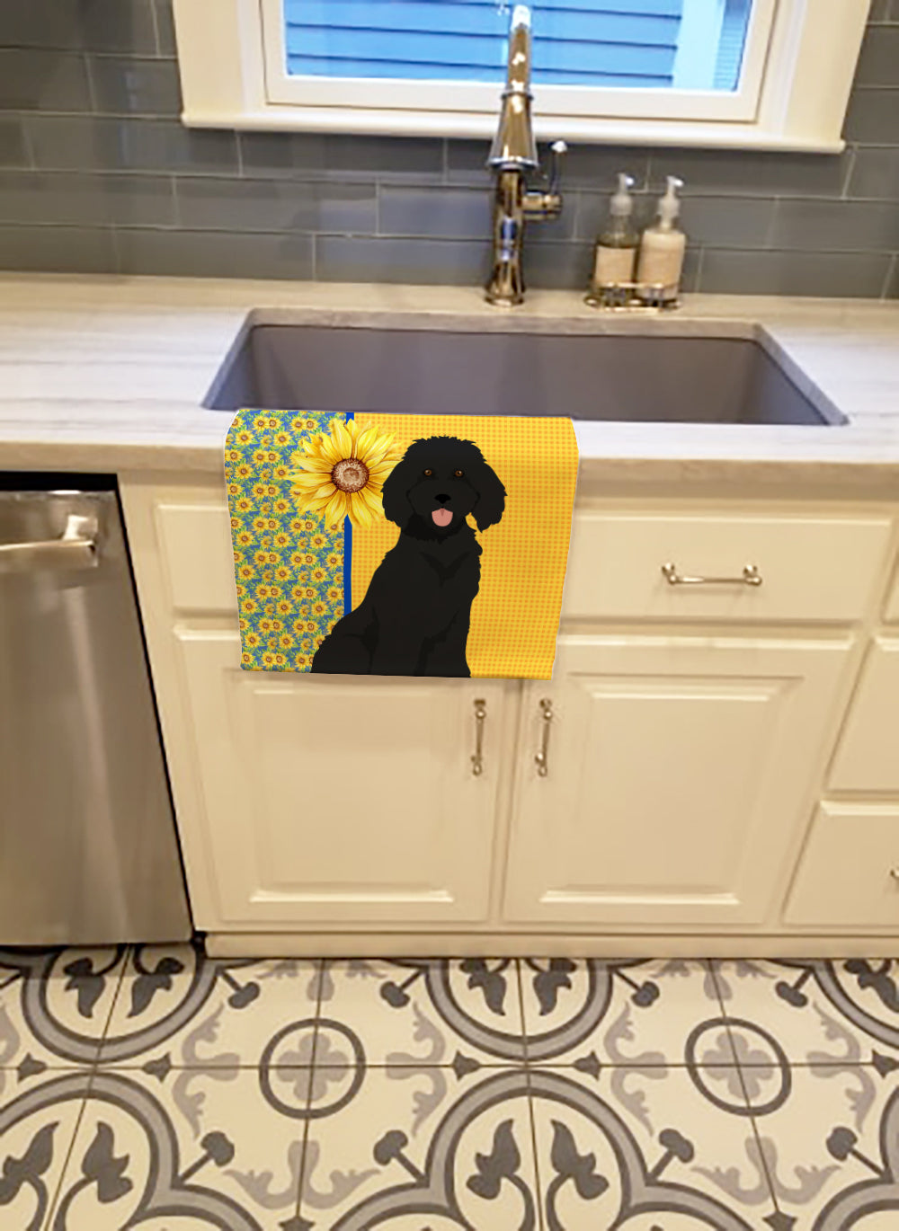 Buy this Summer Sunflowers Standard Black Poodle Kitchen Towel