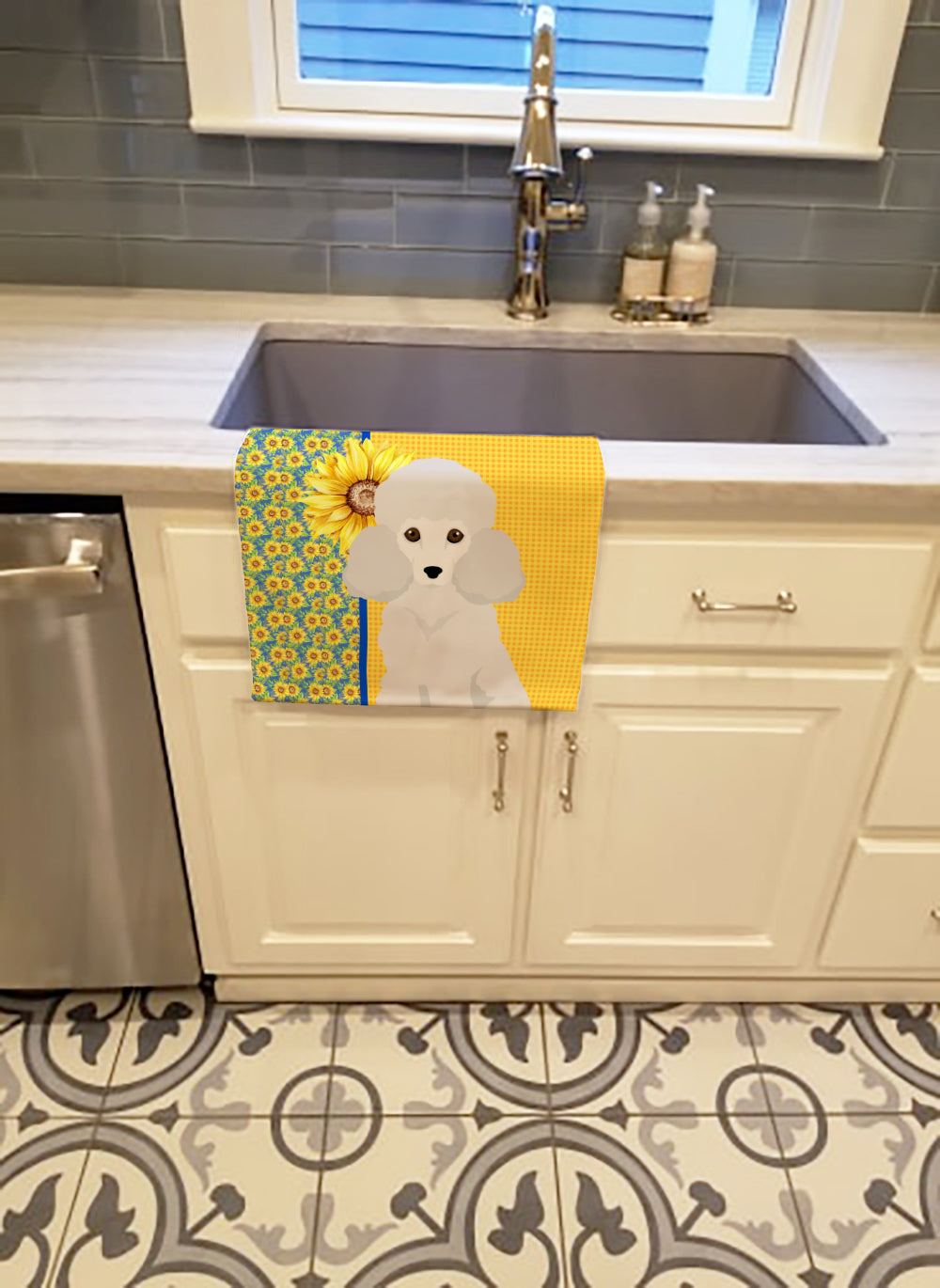 Buy this Summer Sunflowers Toy White Poodle Kitchen Towel