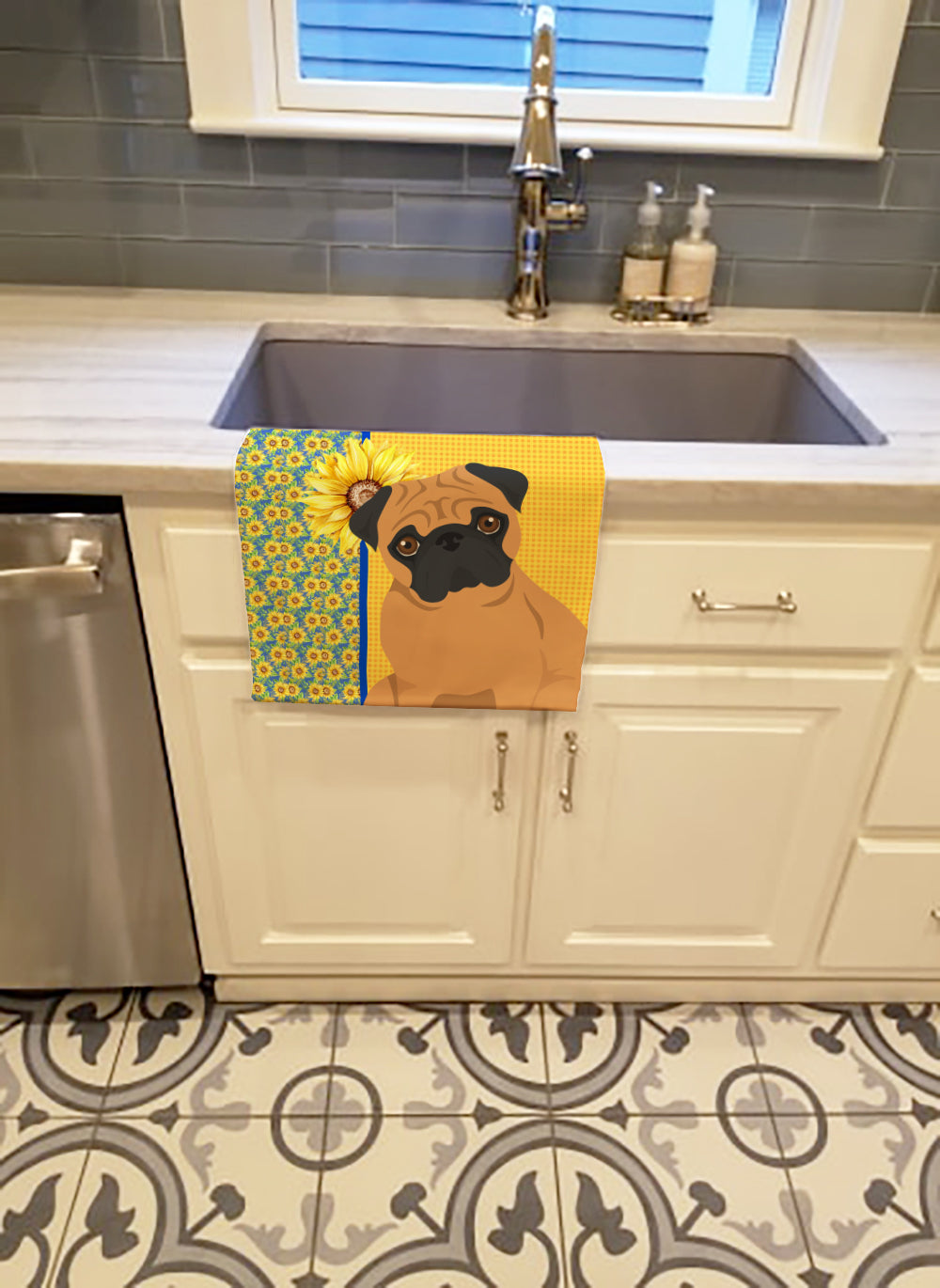 Summer Sunflowers Apricot Pug Kitchen Towel - the-store.com