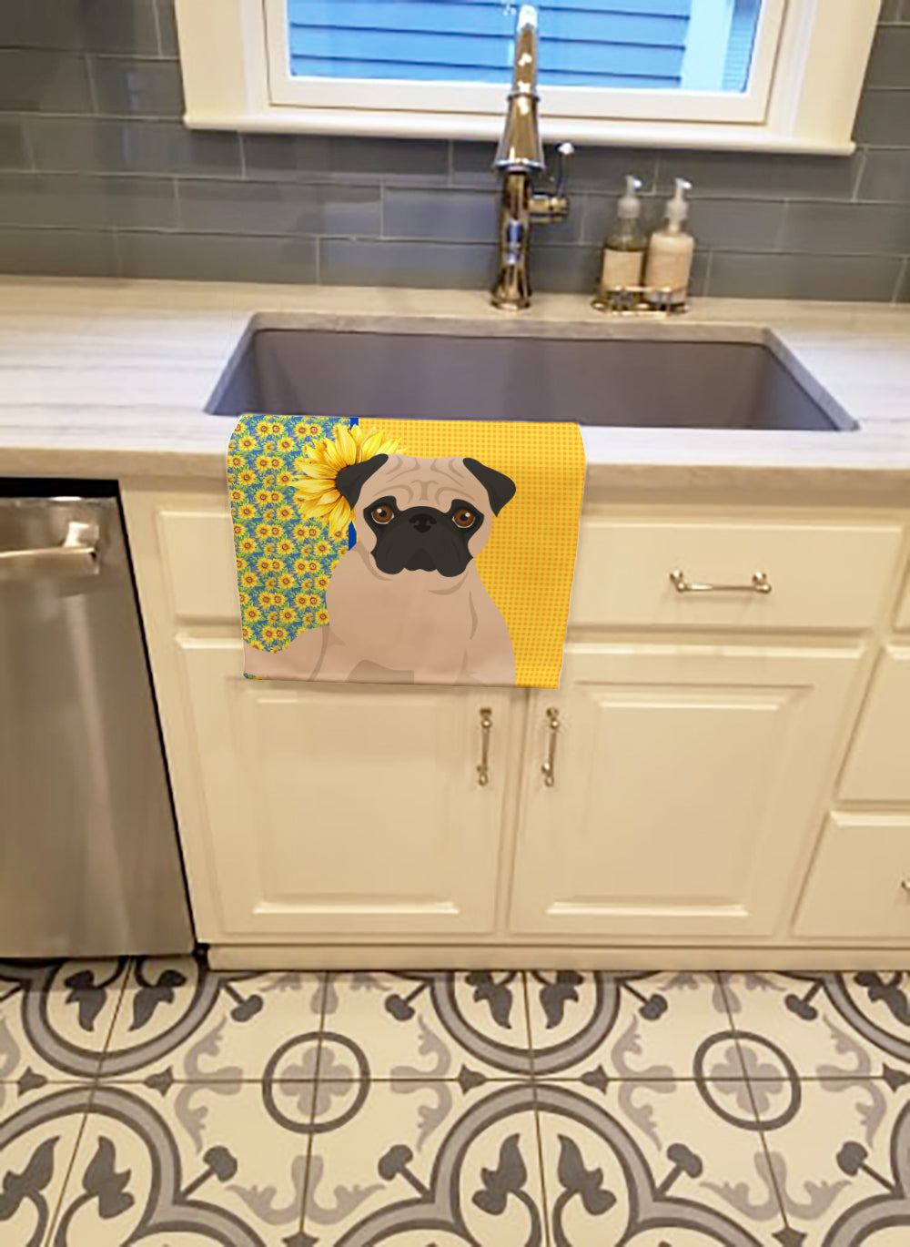 Buy this Summer Sunflowers Fawn Pug Kitchen Towel