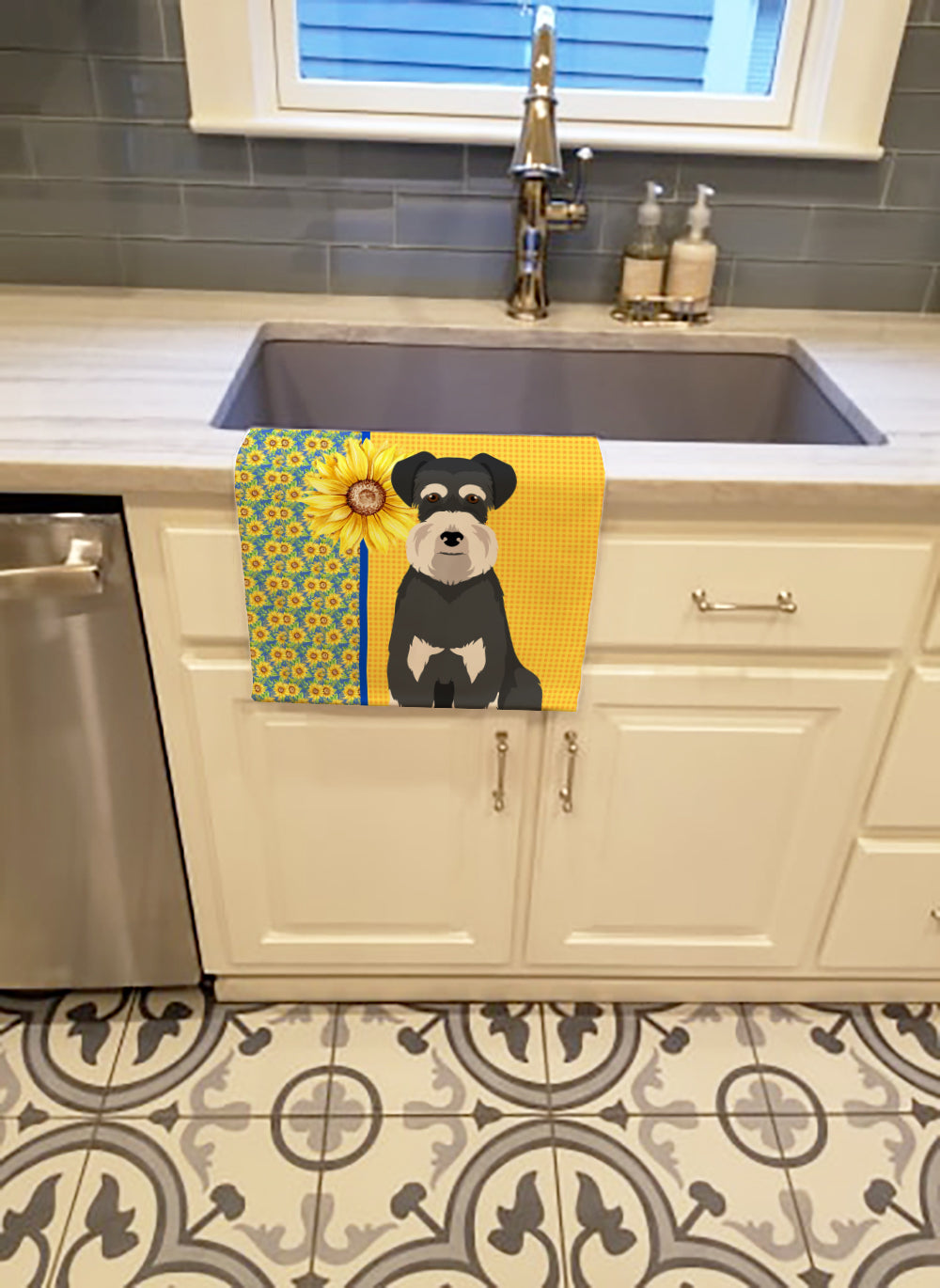 Summer Sunflowers Black and Silver Natural Ears Schnauzer Kitchen Towel - the-store.com