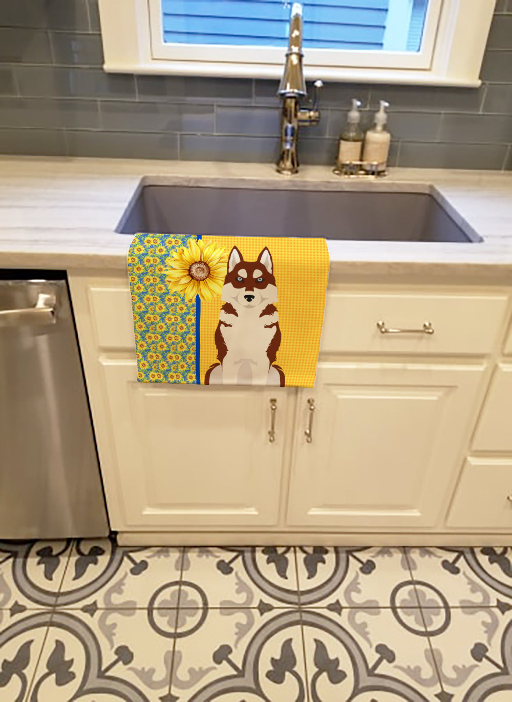 Buy this Summer Sunflowers Red Siberian Husky Kitchen Towel