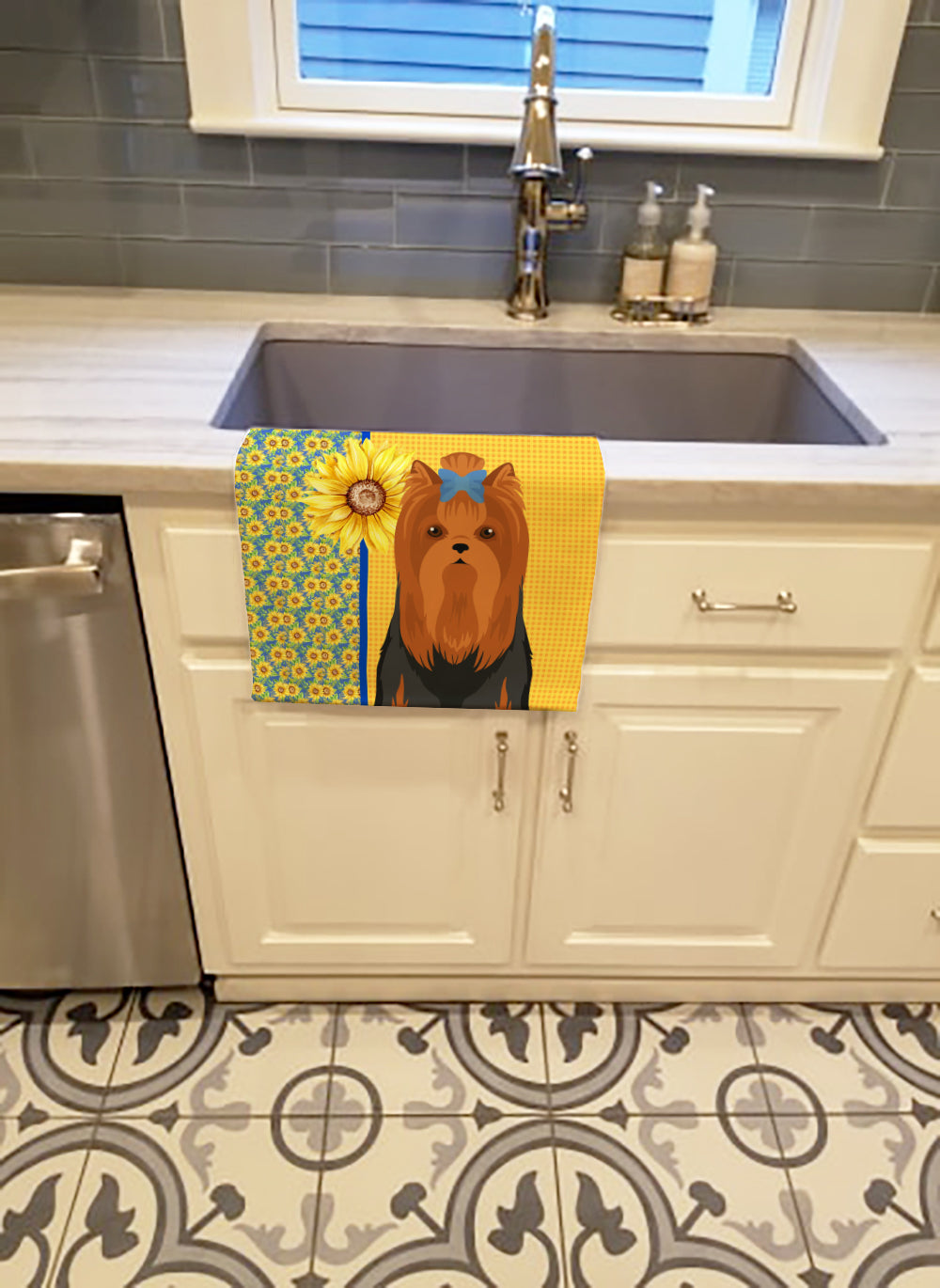Buy this Summer Sunflowers Black and Tan Full Coat Yorkshire Terrier Kitchen Towel