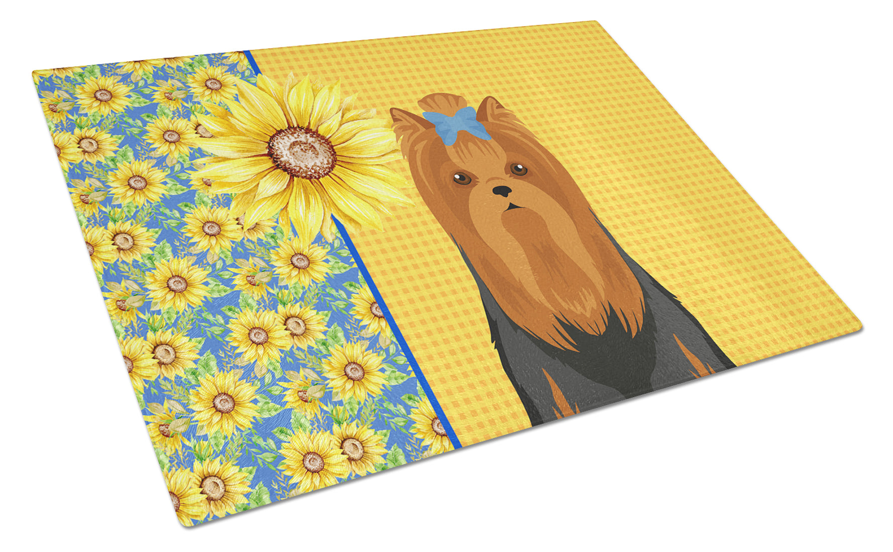 Buy this Summer Sunflowers Black and Tan Full Coat Yorkshire Terrier Glass Cutting Board Large