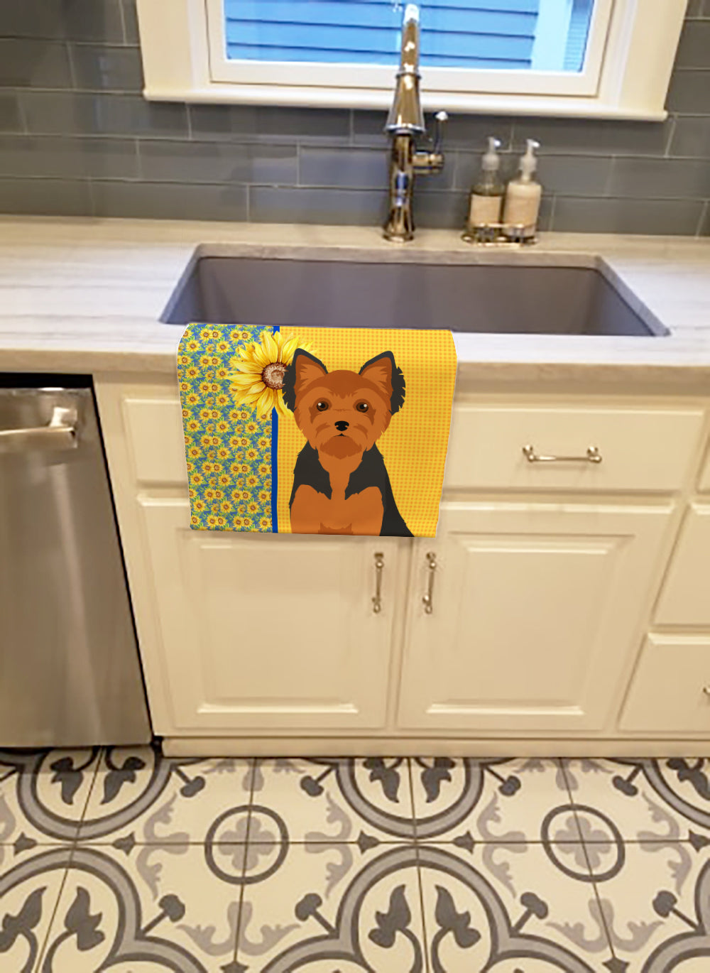 Buy this Summer Sunflowers Black and Tan Puppy Cut Yorkshire Terrier Kitchen Towel