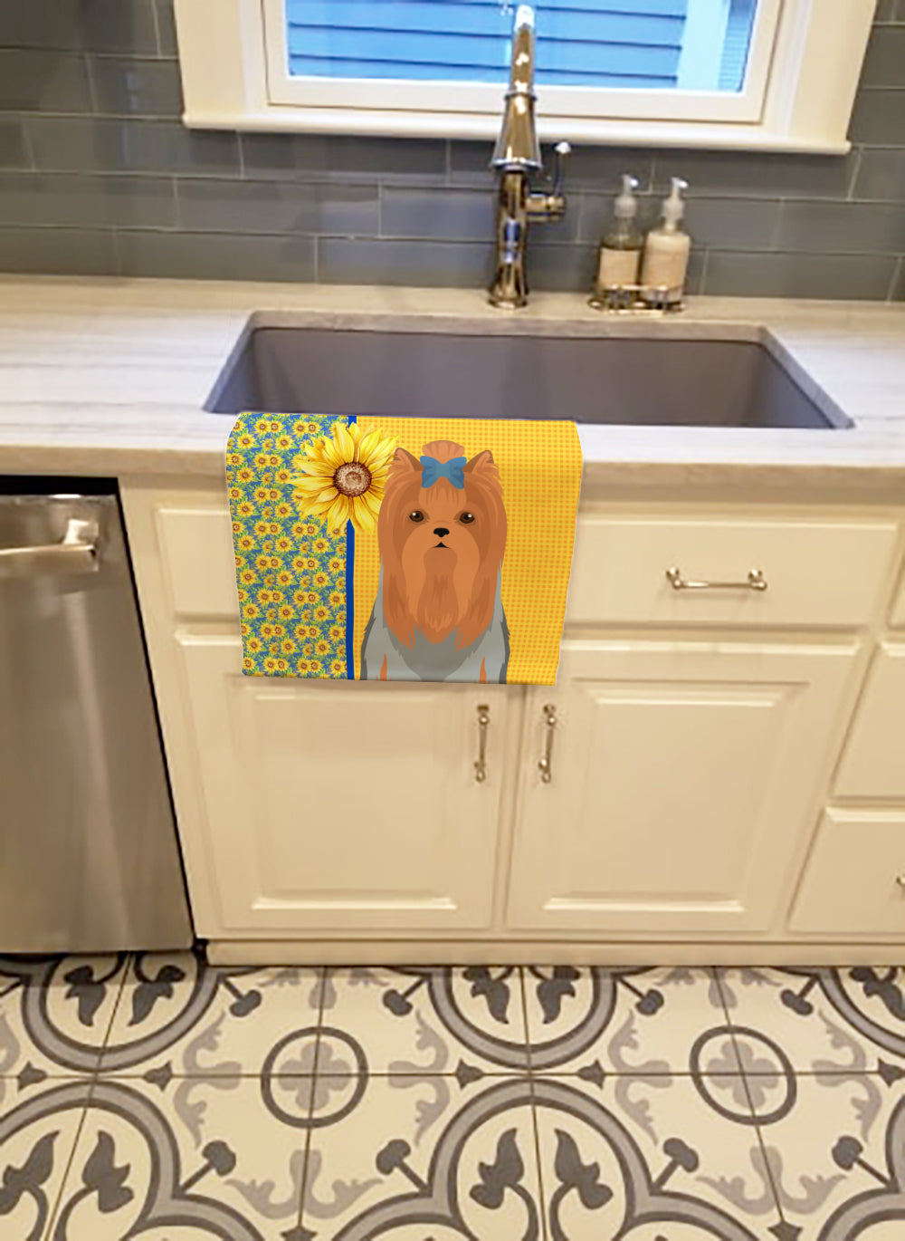 Summer Sunflowers Blue and Tan Full Coat Yorkshire Terrier Kitchen Towel - the-store.com