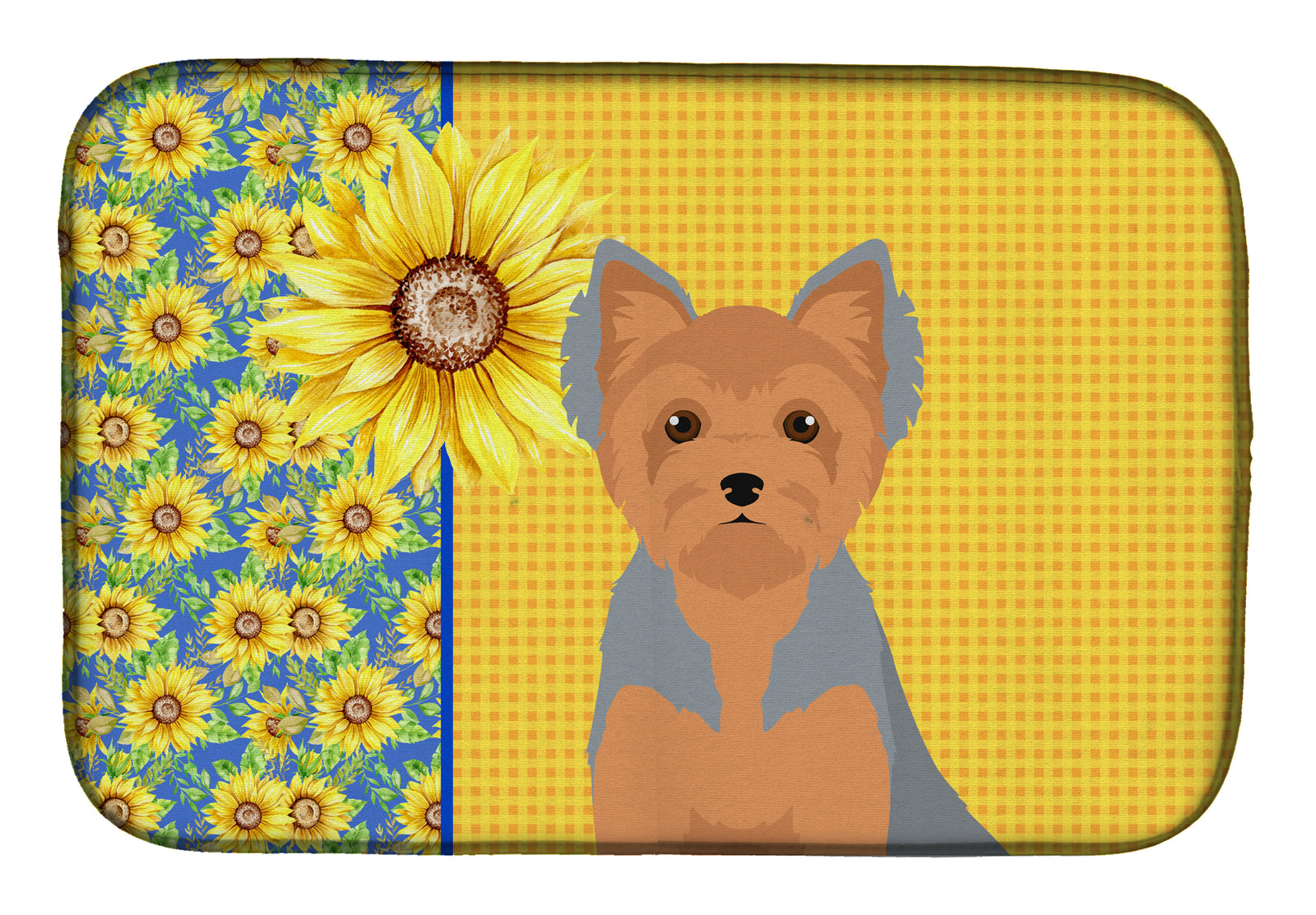 Summer Sunflowers Blue and Tan Puppy Cut Yorkshire Terrier Dish Drying Mat