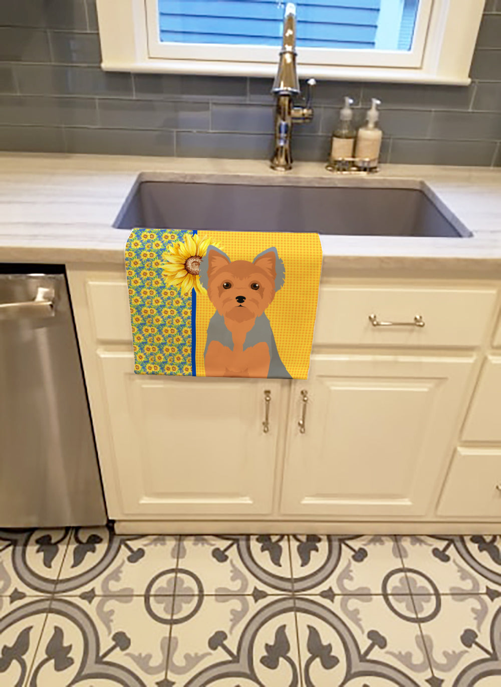 Buy this Summer Sunflowers Blue and Tan Puppy Cut Yorkshire Terrier Kitchen Towel