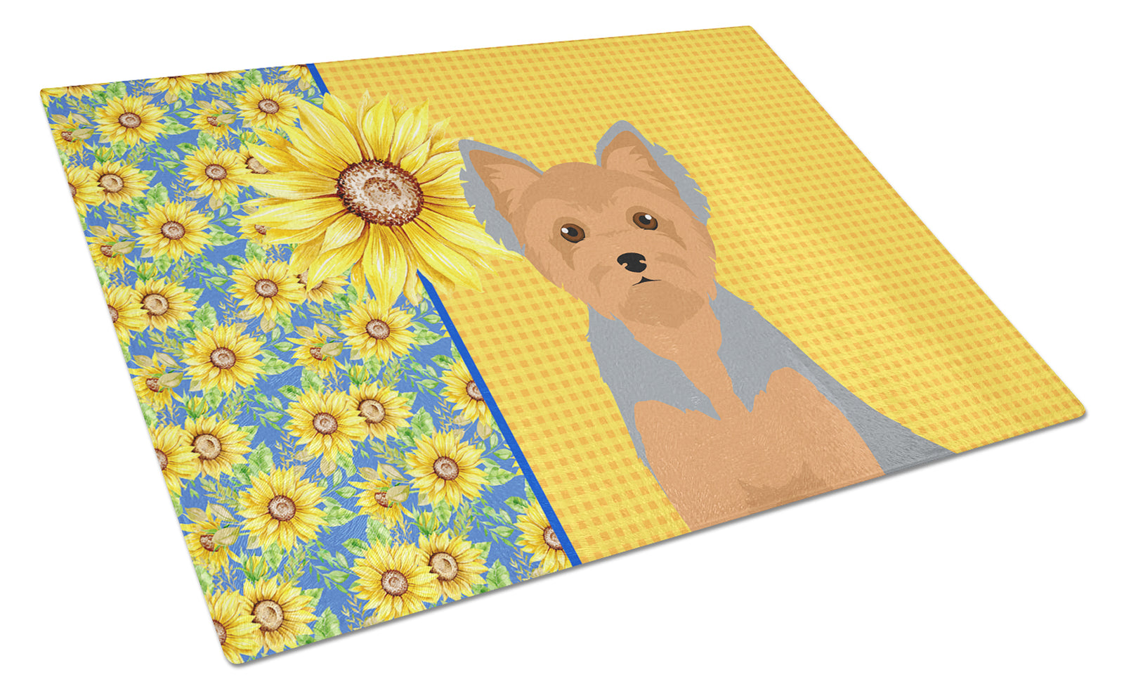 Buy this Summer Sunflowers Blue and Tan Puppy Cut Yorkshire Terrier Glass Cutting Board Large