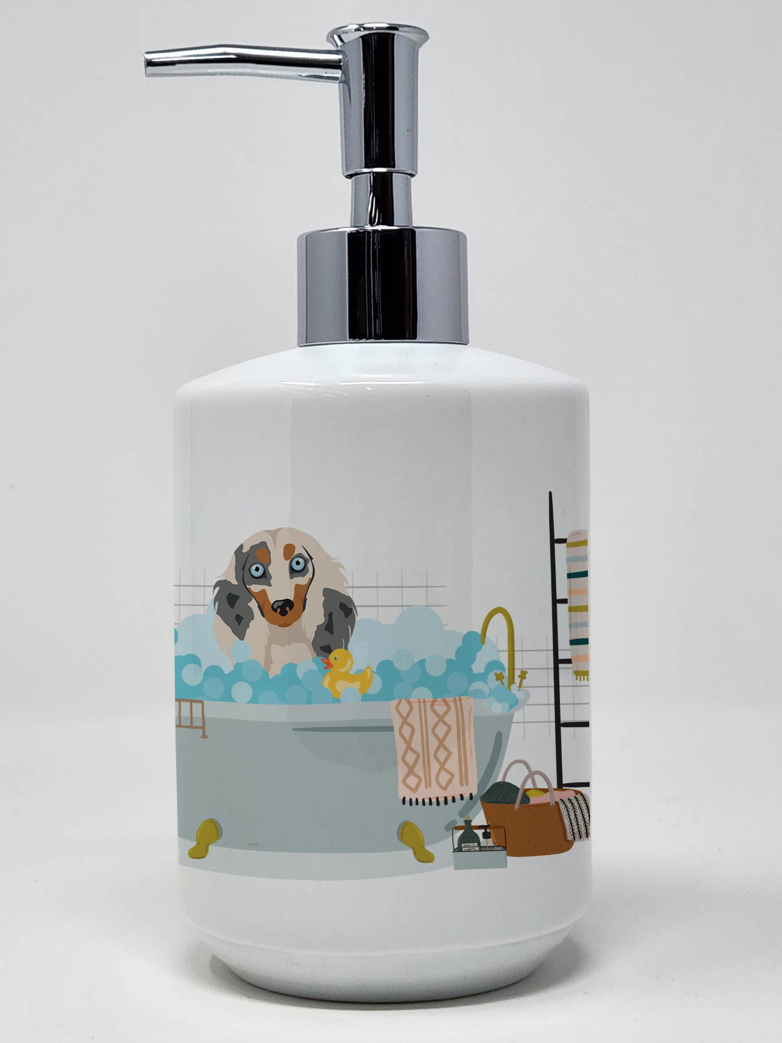 Buy this Longhair Cream Dapple Dachshund Ceramic Soap Dispenser