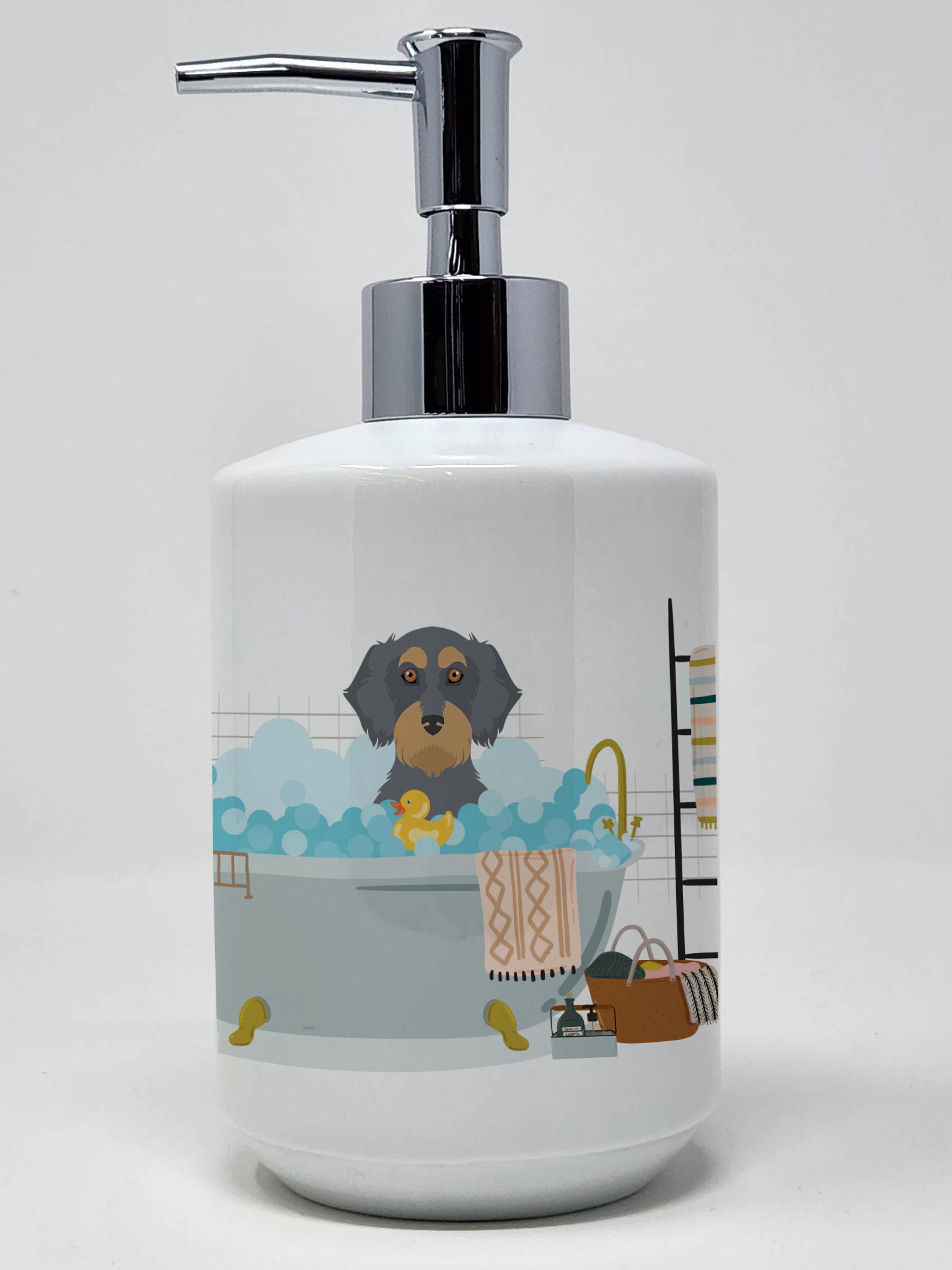 Buy this Wirehair Blue and Tan Dachshund Ceramic Soap Dispenser