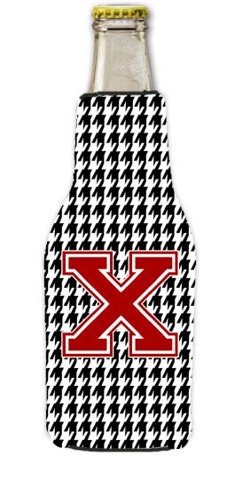 Houndstooth Black Letter X Monogram Initial Longneck Beer Beverage Insulator Zipper Hugger by Caroline's Treasures