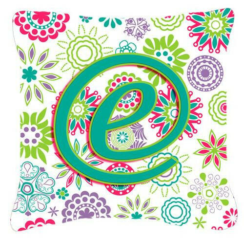Letter E Flowers Pink Teal Green Initial Canvas Fabric Decorative Pillow CJ2011-EPW1414 by Caroline's Treasures