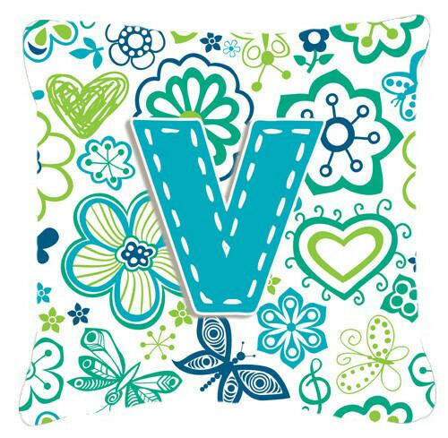 Letter V Flowers and Butterflies Teal Blue Canvas Fabric Decorative Pillow CJ2006-VPW1414 by Caroline's Treasures