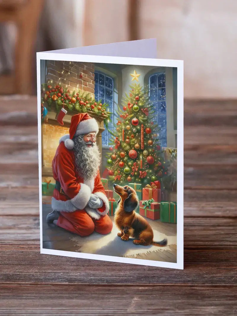 Santa Claus kneeling next to a dachshund in a cozy Christmas scene with a decorated tree and gifts.