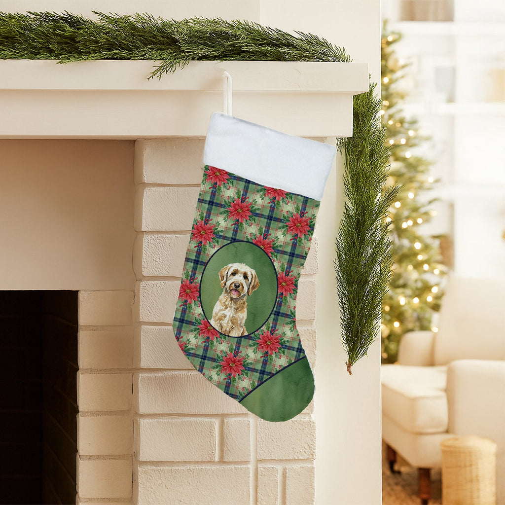 Christmas Stockings, pillows, towels, doormats, cutting boards and more with over 400 breeds and colors of dogs with Christmas Poinsettias