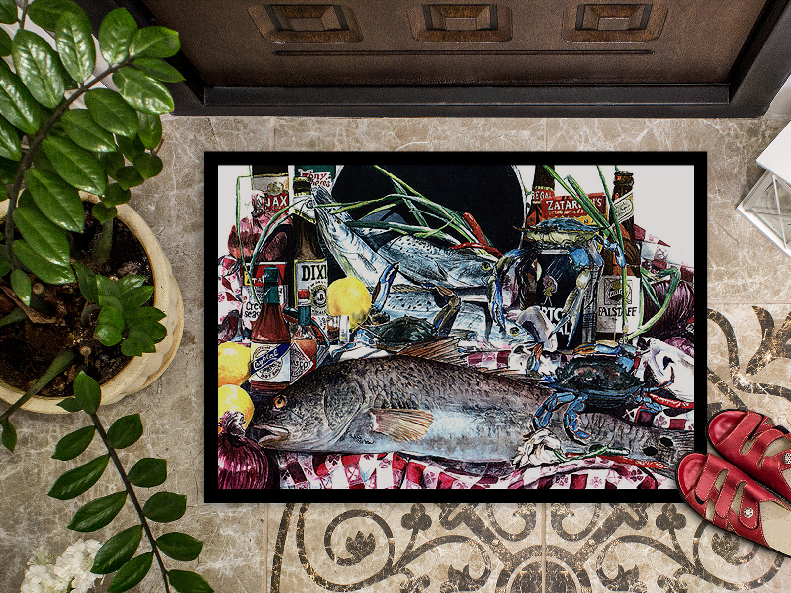 Caroline's Treasures Fish and Beers from New Orleans Doormat Doormat - Large 24x36 – Indoor/Outdoor Floor Mat