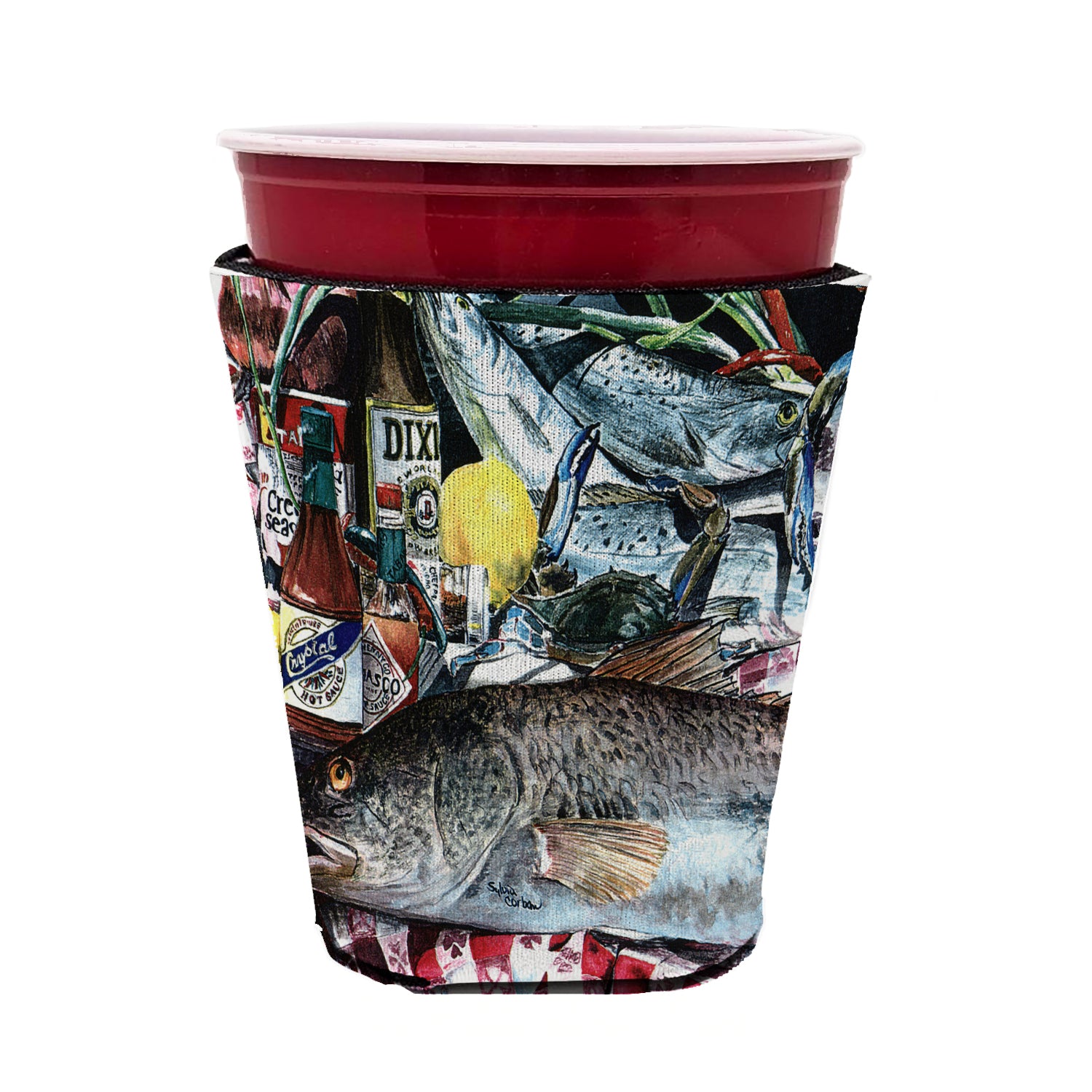 Caroline's Treasures Fish and Beers from New Orleans Red Cup Hugger Sleeve for 16–22 oz Party Cups, Insulated Foam Drink Holder for Iced Coffee, Tailgate & BBQ Reusable