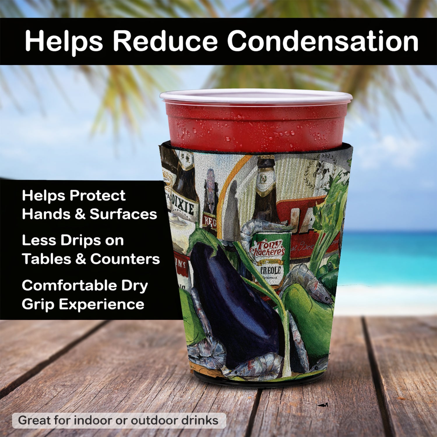 Caroline's Treasures Eggplant and New Orleans Beers Red Cup Hugger Sleeve for 16–22 oz Party Cups, Insulated Foam Drink Holder for Iced Coffee, Tailgate & BBQ Reusable