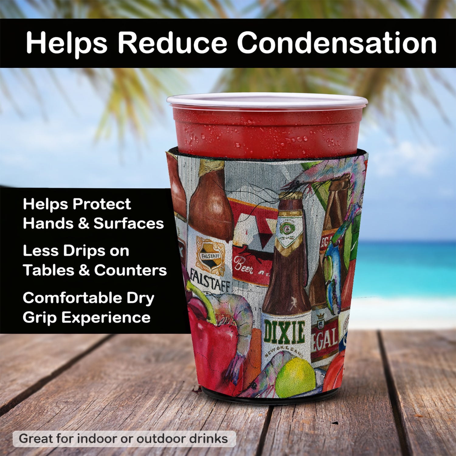 Caroline's Treasures New Orleans Beers and Spices Red Cup Hugger Sleeve for 16–22 oz Party Cups, Insulated Foam Drink Holder for Iced Coffee, Tailgate & BBQ Reusable