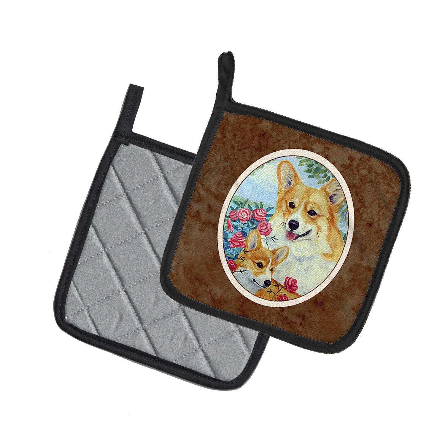 Caroline's Treasures Corgi Momma loves Roses Pot Holders - Set of 2 Decorative Kitchen Helpers | Made in the USA 7084PTHD