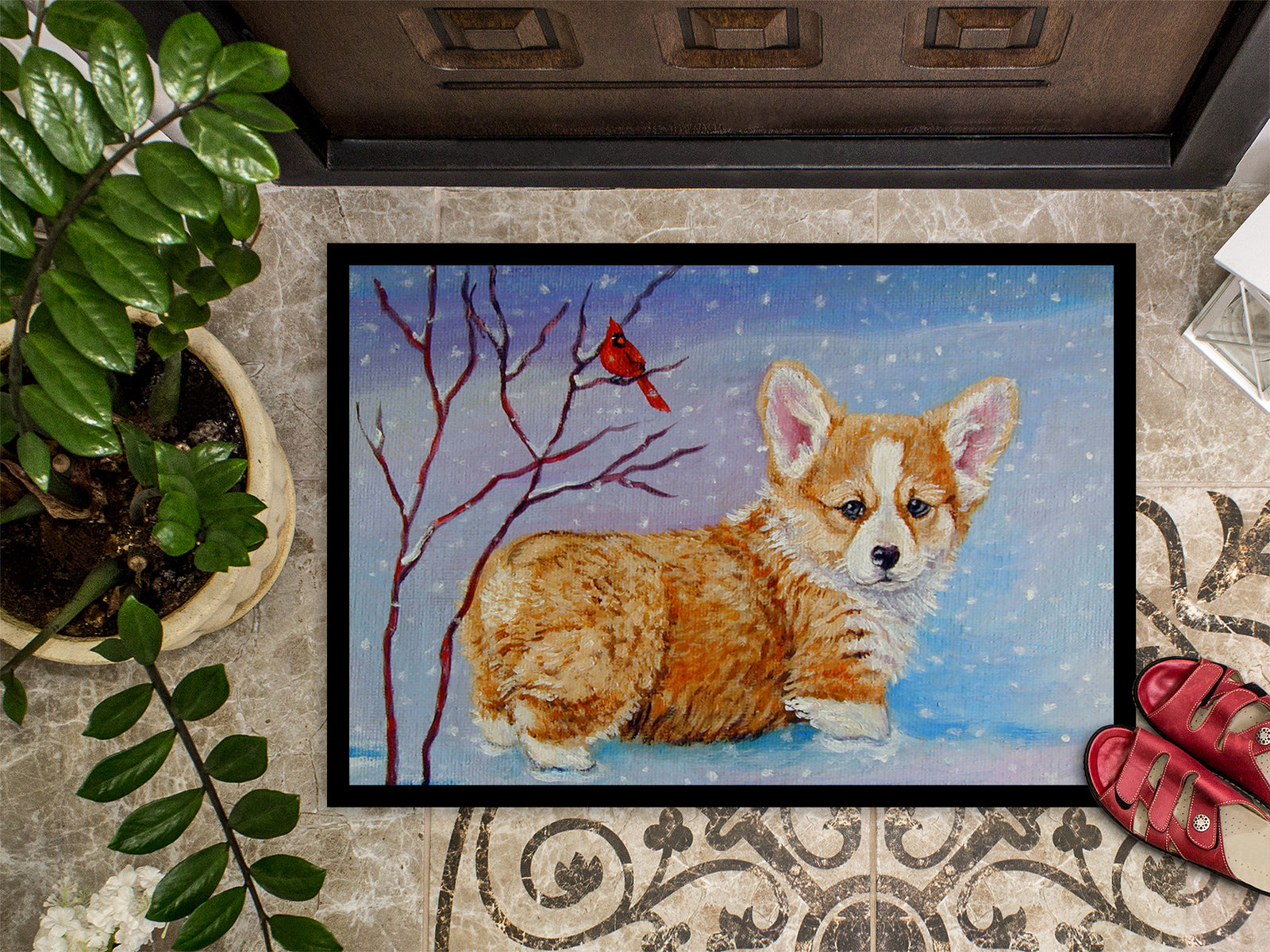 Caroline's Treasures Corgi Pup Snow Cardinal Doormat - 18x27 Decorative Floor Mat – Indoor/Outdoor Rug with Artistic Flair 7327MAT