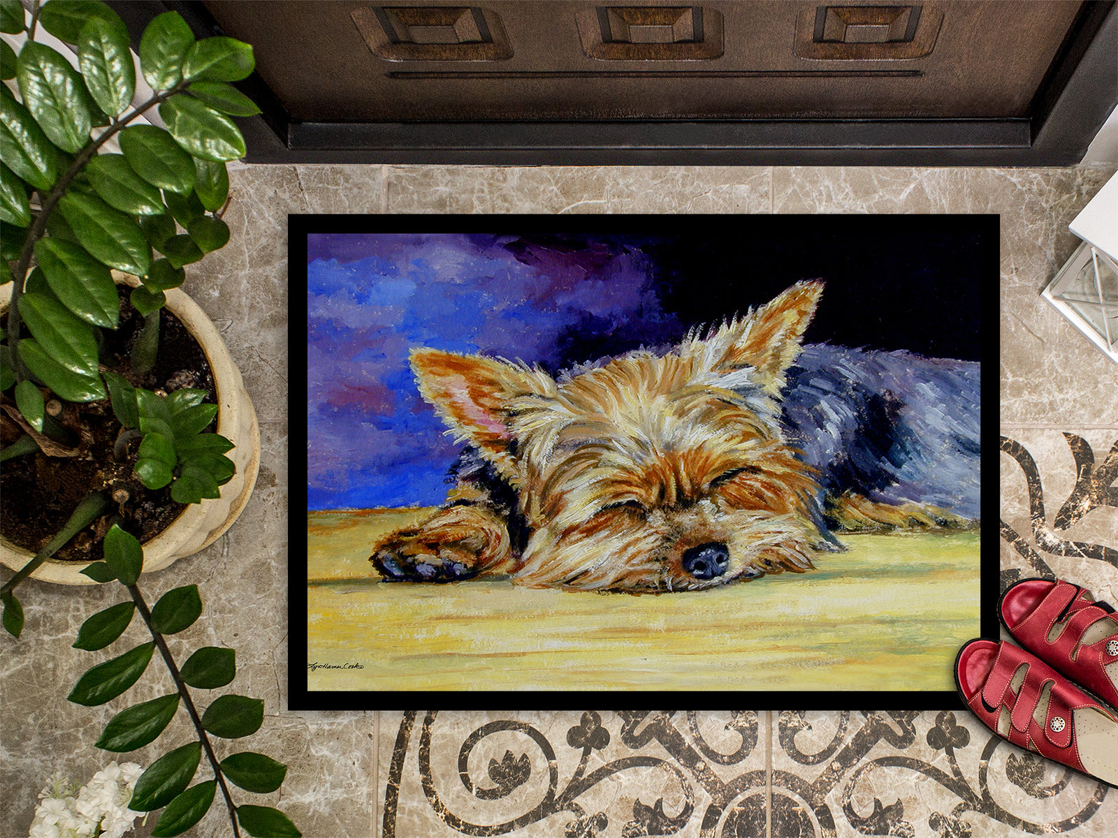 Caroline's Treasures Yorkie Taking a Nap Doormat - 24x36 Decorative Floor Mat – Indoor/Outdoor Rug
