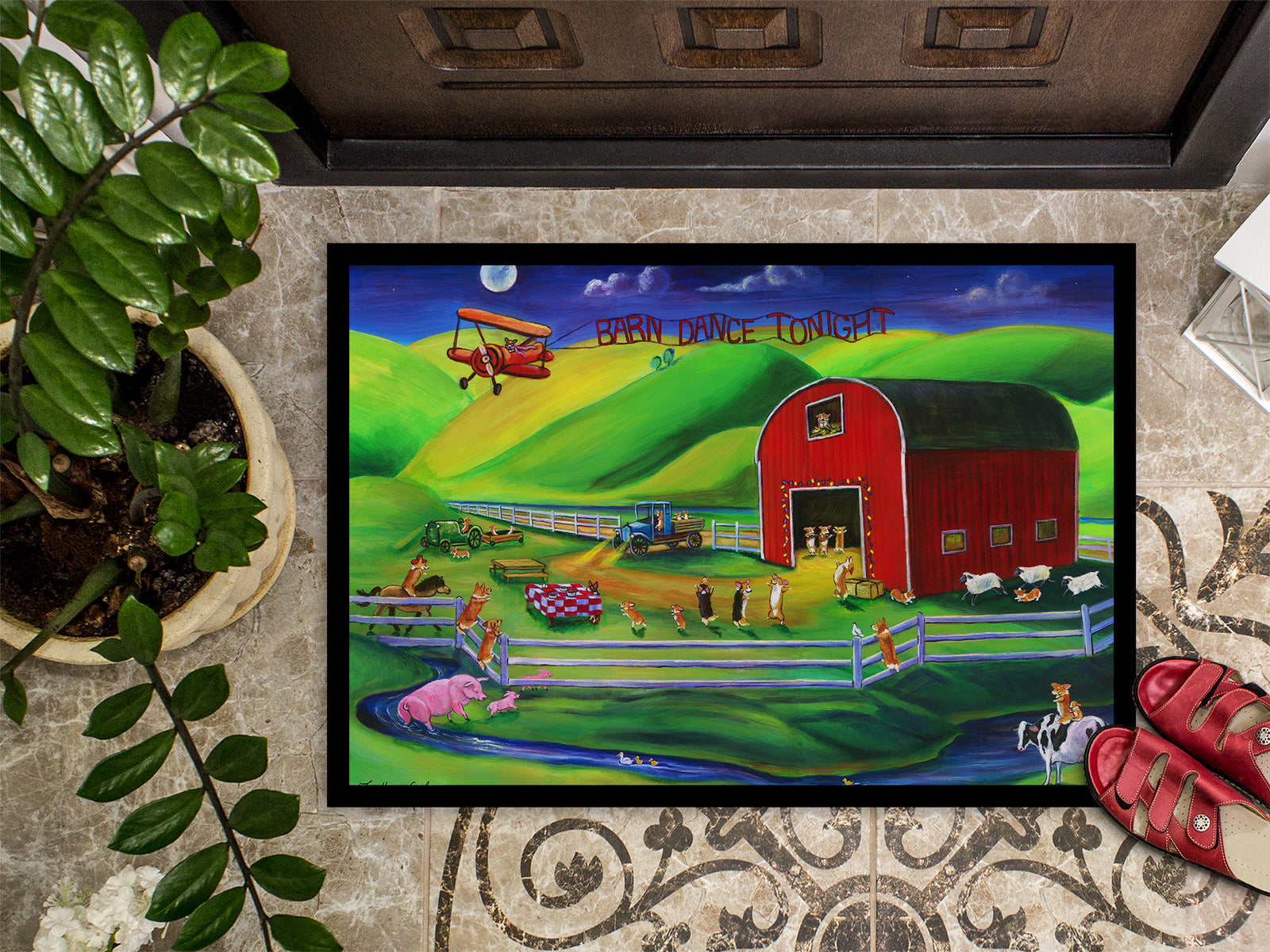 Caroline's Treasures Corgi Barn Dance Doormat - 24x36 Decorative Floor Mat – Indoor/Outdoor Rug