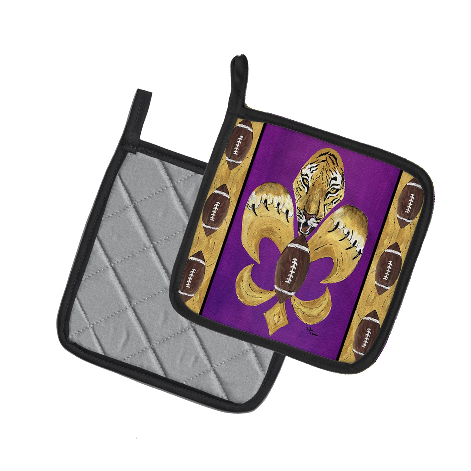 Caroline's Treasures Tiger Football Fleur de lis Pot Holders - Set of 2 Decorative Kitchen Helpers | Made in the USA 8205PTHD