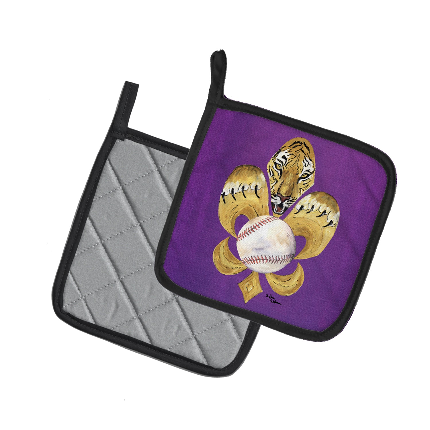 Caroline's Treasures Tiger Fleur de lis Baseball Pot Holders - Set of 2 Decorative Kitchen Helpers | Made in the USA 8476PTHD