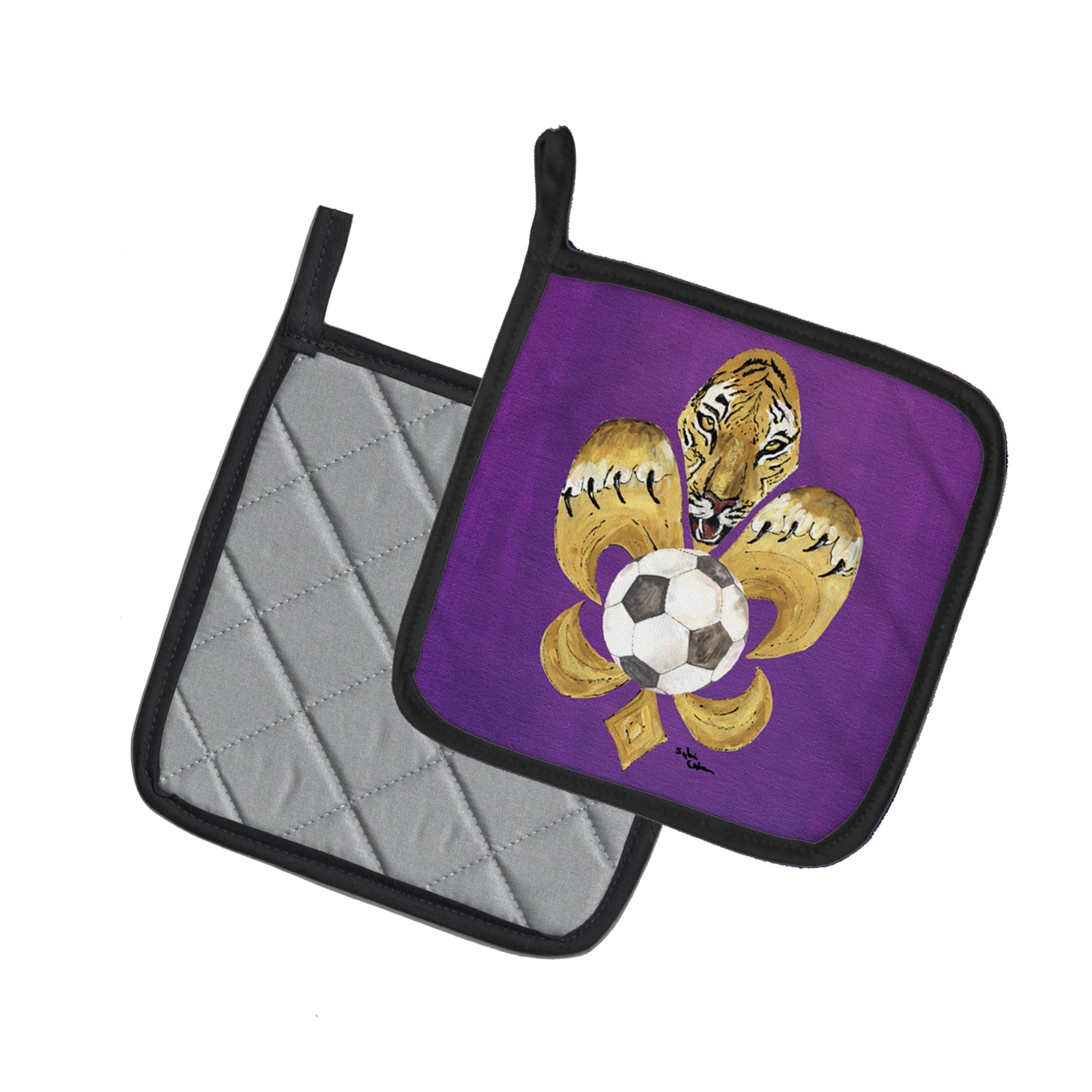 Caroline's Treasures Tiger Fleur de lis Soccer Pot Holders - Set of 2 Decorative Kitchen Helpers | Made in the USA 8477PTHD