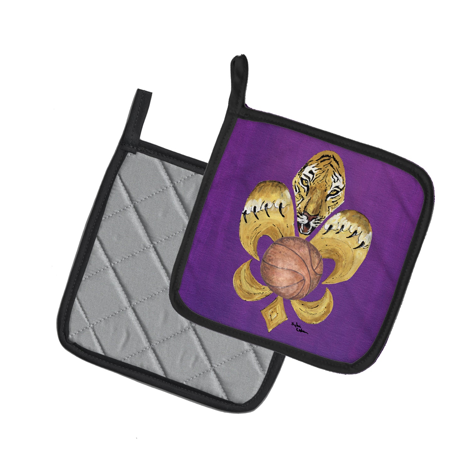 Caroline's Treasures Tiger Fleur de lis Basketball Pot Holders - Set of 2 Decorative Kitchen Helpers | Made in the USA 8478PTHD