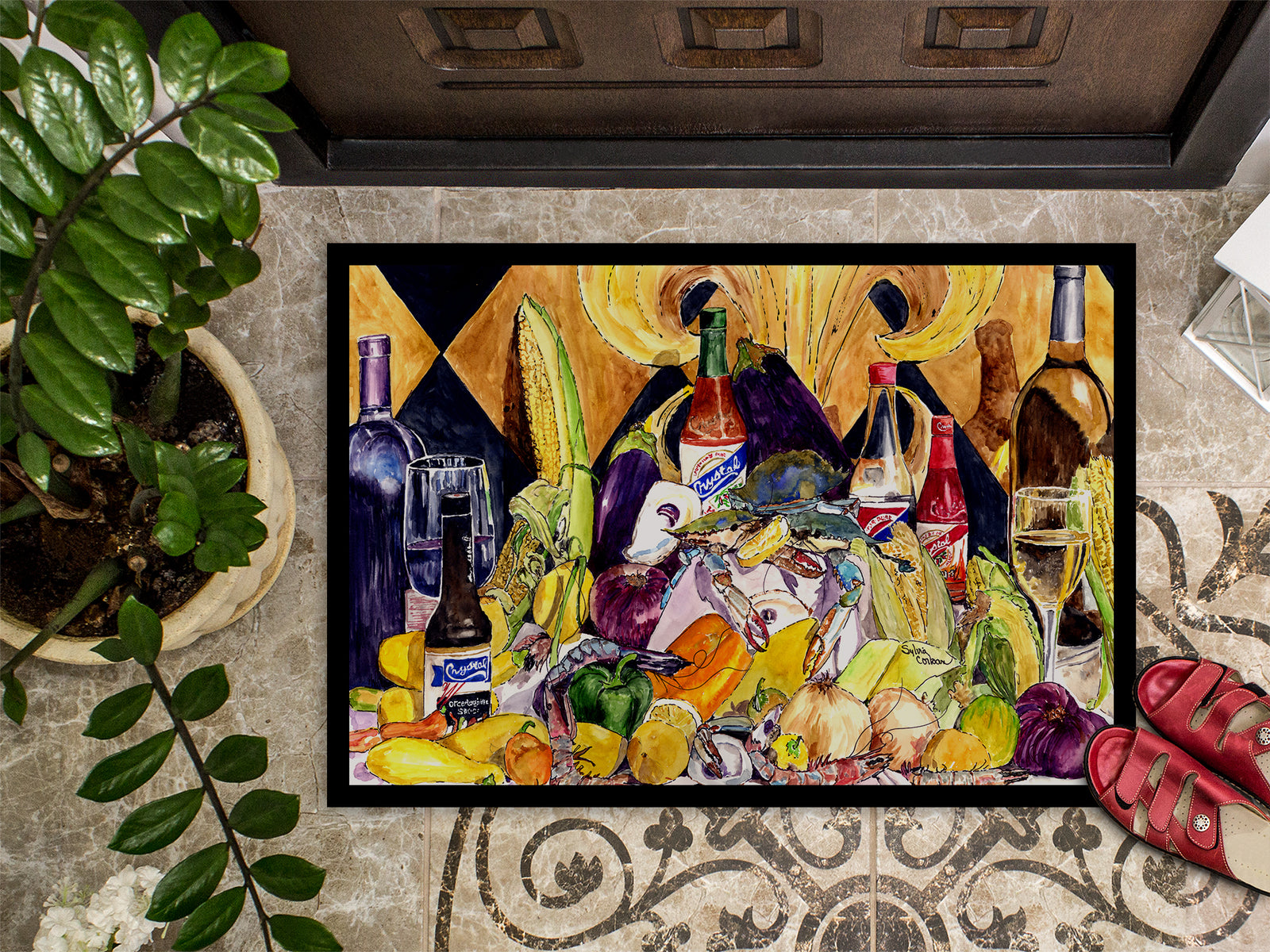 Caroline's Treasures Crystal Hot Sauce with Fleur De lis and Wine Doormat - 24x36 Decorative Floor Mat – Indoor/Outdoor Rug